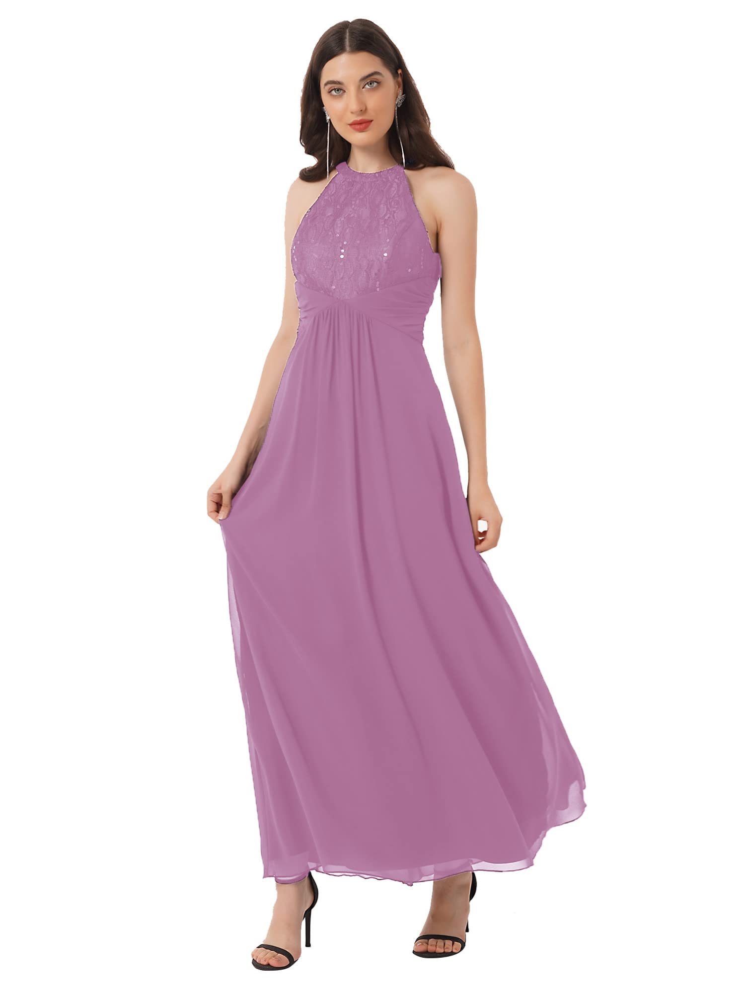 Elegant CHICTRY Women's Halter Chiffon Long Bridesmaid Dress with Lace Floral Detail - Perfect for Evening Parties, Weddings & Formal Events