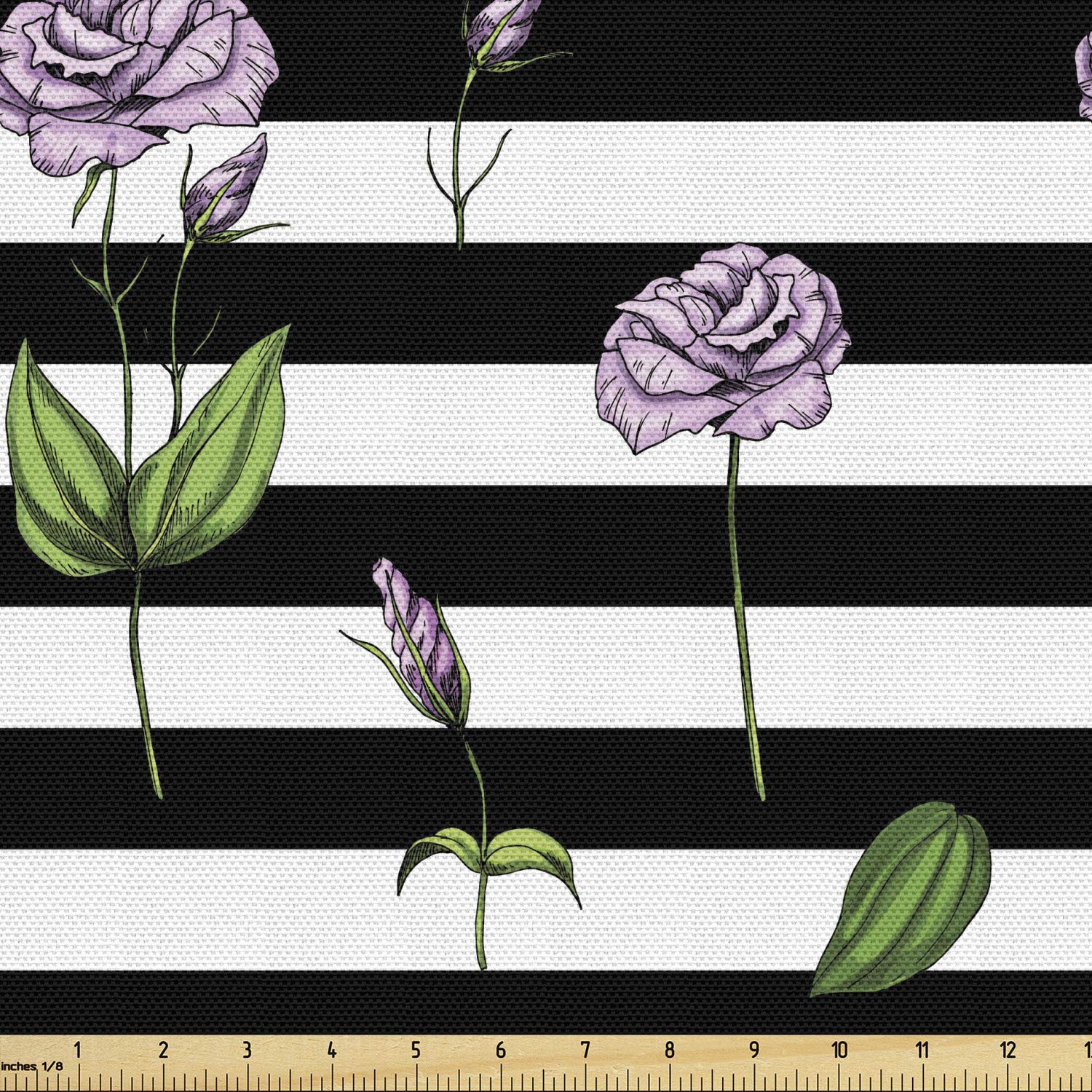 Ambesonne Rose Fabric by The Yard - Pink Floral Print on Black & White Striped Background | Decorative Upholstery & Home Decor Fabric (1 Yard) | Perfect for Curtains, Pillows & DIY Craft Projects