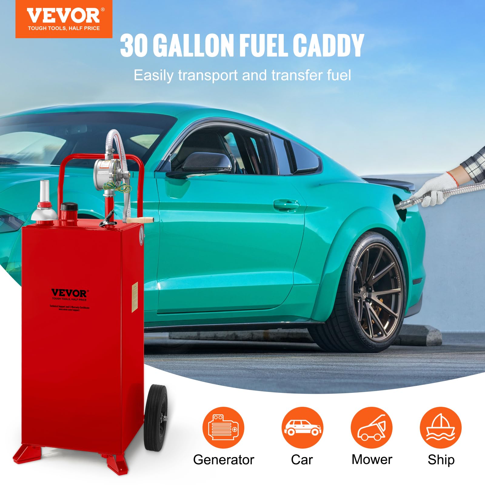 VEVOR 30 Gallon Portable Fuel Caddy with Manual Pump - Gas & Diesel Storage Tank on Wheels for Cars, Lawn Mowers, ATVs, Boats - Ideal for Home, Farm & Outdoor Use