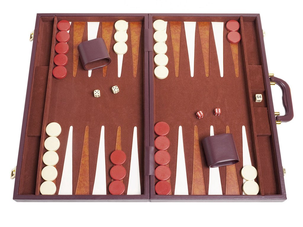 Premium 21-inch Wooden Backgammon Set with Brown Leather Board & White/Light Brown Points - Classic Strategy Game for Family Game Nights, Travel & Casino-Themed Parties