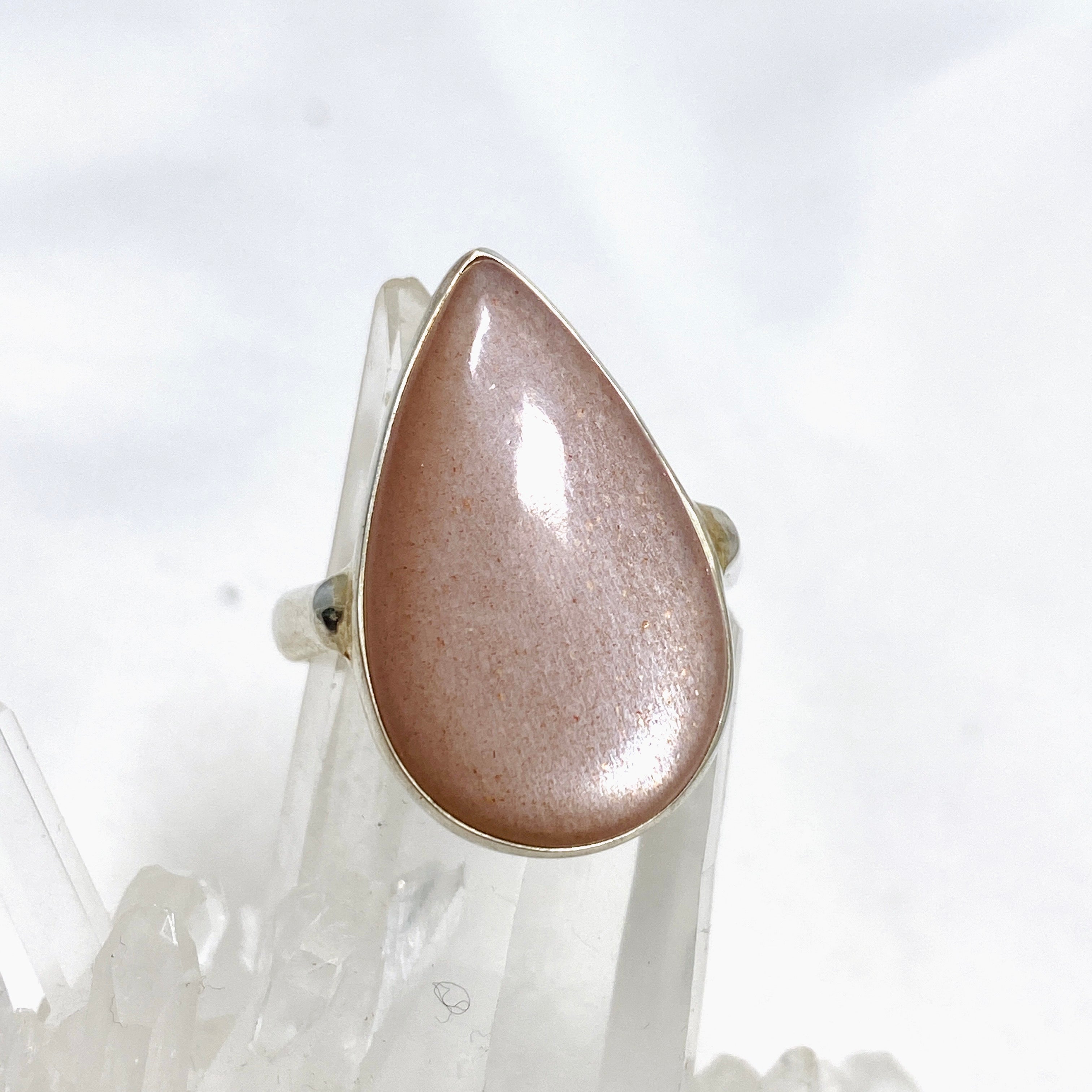 Natural Peach Moonstone Teardrop Ring - Size 11 Silver Jewelry KRGJ2200 | Elegant Boho Gift for Women, Perfect for Weddings & Date Nights
