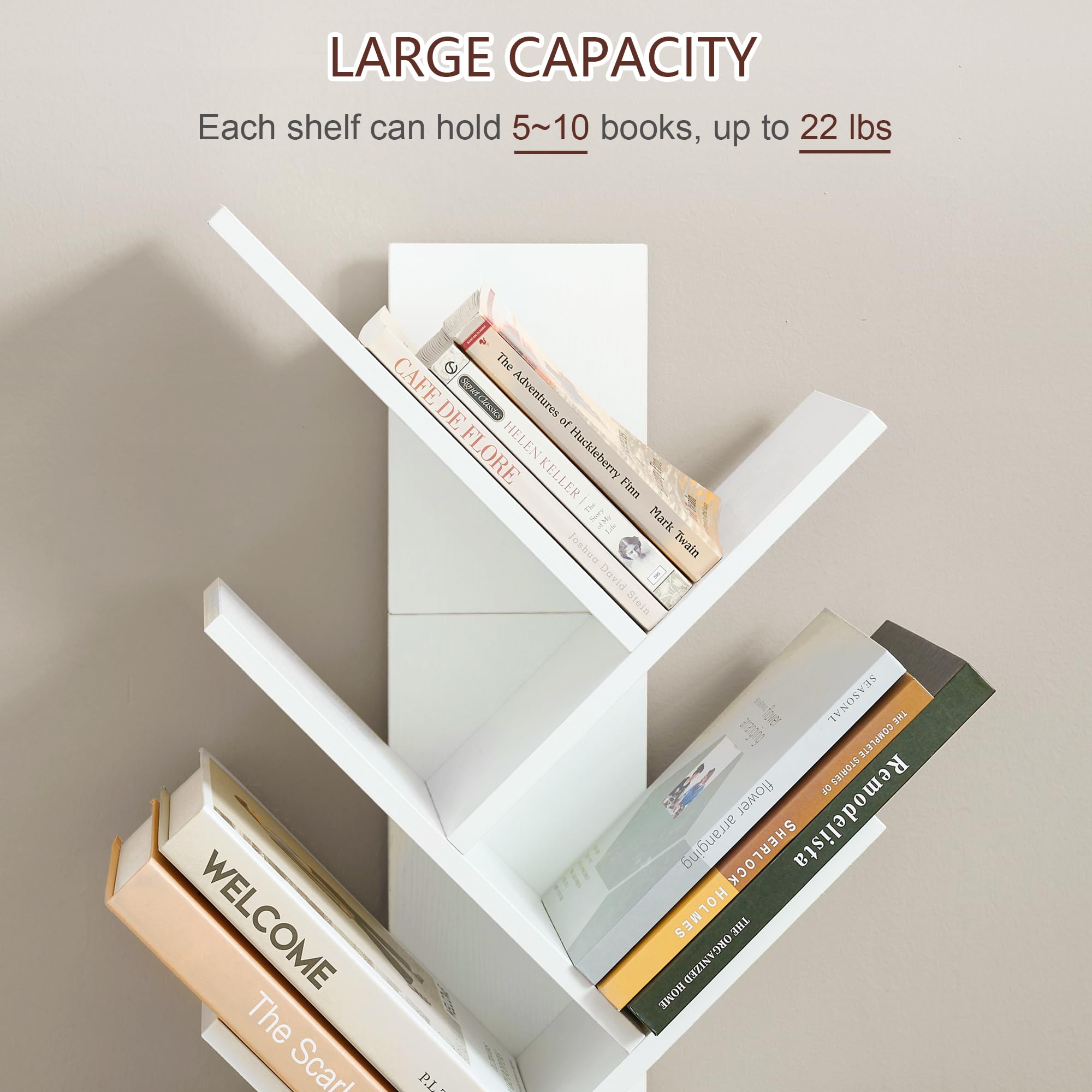 Tajsoon 9 Tier Tree Bookcase with Drawer - Wooden Bookshelf Organizer for CDs, Books, Movies - Storage Rack for Bedroom, Living Room & Home Office - White - Perfect for Small Spaces & Book Lovers