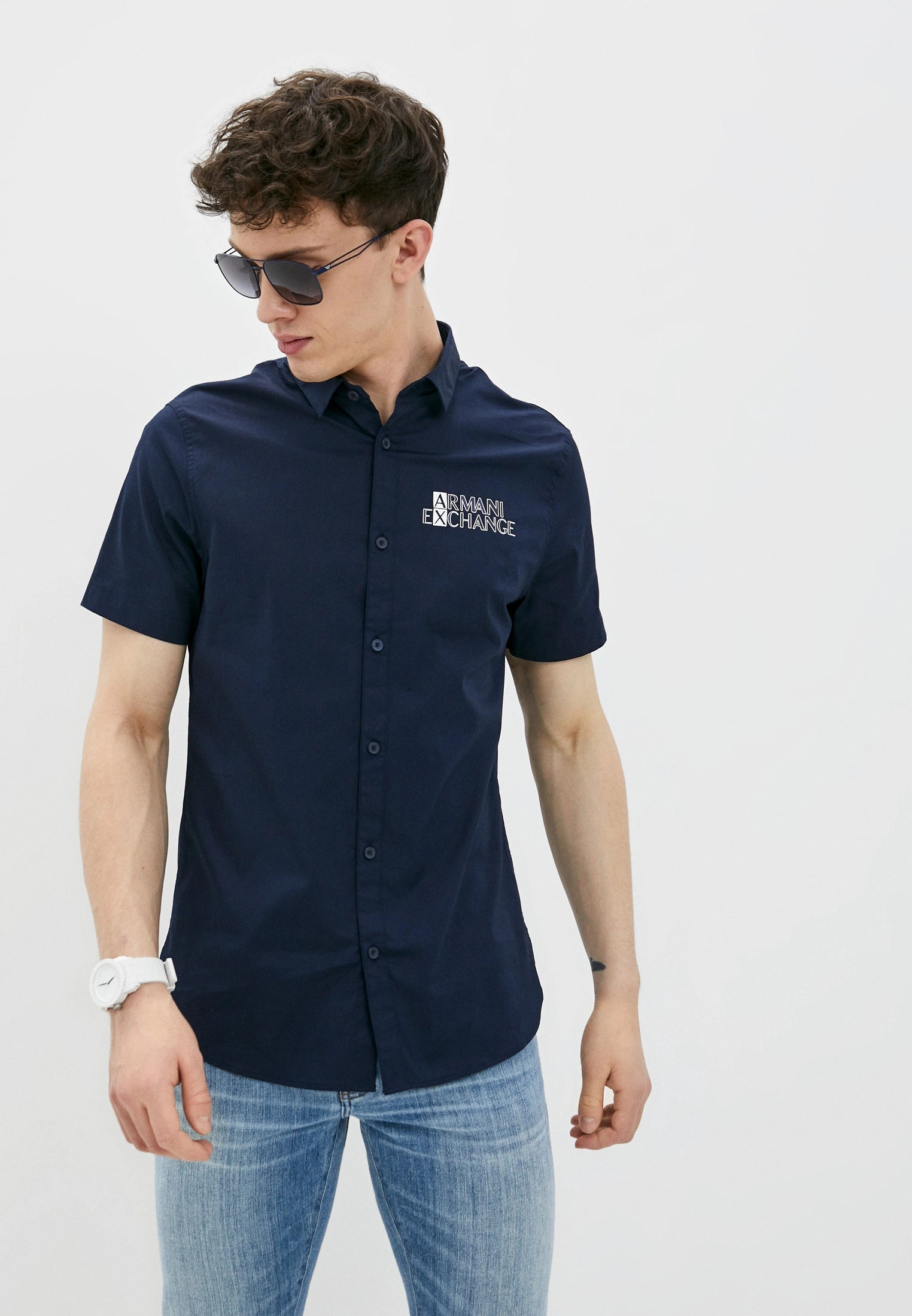 Armani Exchange Men's Navy Blue Casual Button Down Shirt - Perfect for Office, Business, and Everyday Wear