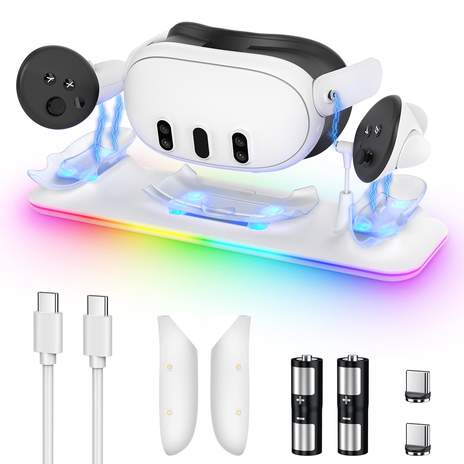 Meta Quest 3S/Quest 3 Fast Charging Dock with RGB Lights - Magnetic Charging Station for Oculus Headset & Controllers (Includes 2 Rechargeable Batteries) | Perfect for VR Gaming Setup & Home Entertainment