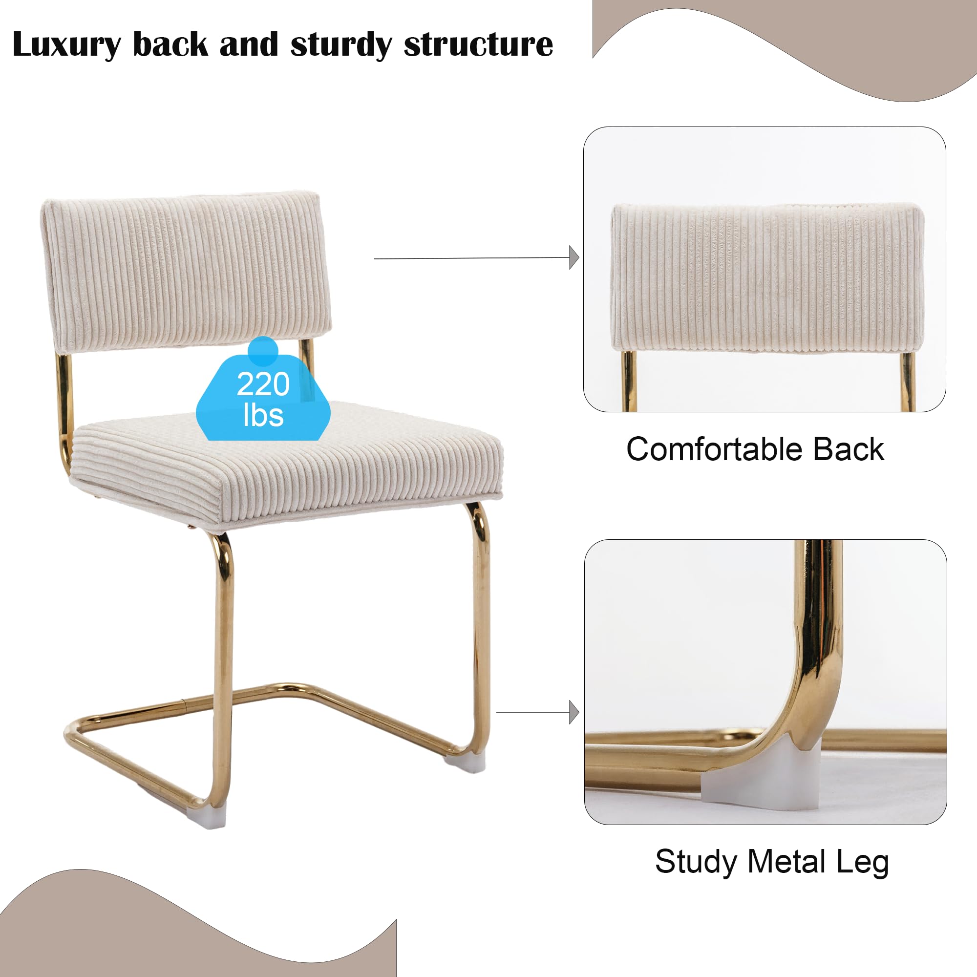 Rhomtree Modern Dining Chairs Set of 4 - Gold Metal Base & Corduroy Fabric Upholstery, Channel Tufted Armless Kitchen Chairs for Dining Room, Living Room, Bedroom - Beige | Elegant Home Decor & Comfortable Seating for Dinner Parties & Relaxation