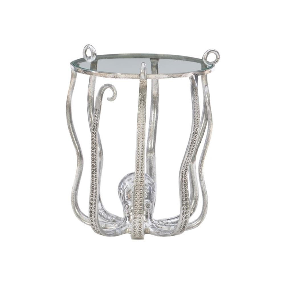 Linon Olivia Octopus Silver Aluminum and Glass Side Table - Perfect for Living Room, Bedroom, or Office Decor