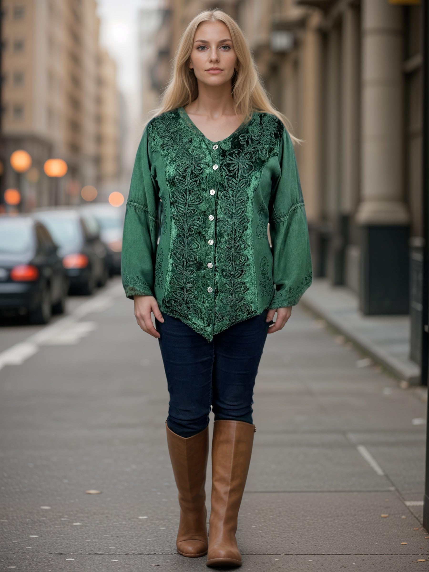 Agan Traders Women's Long Sleeve Velvet Blouse - Vintage Renaissance Button Down Embroidered Top for Fall Winter 2025 | Perfect for Renaissance Fairs, Holiday Parties & Vintage Fashion Lovers