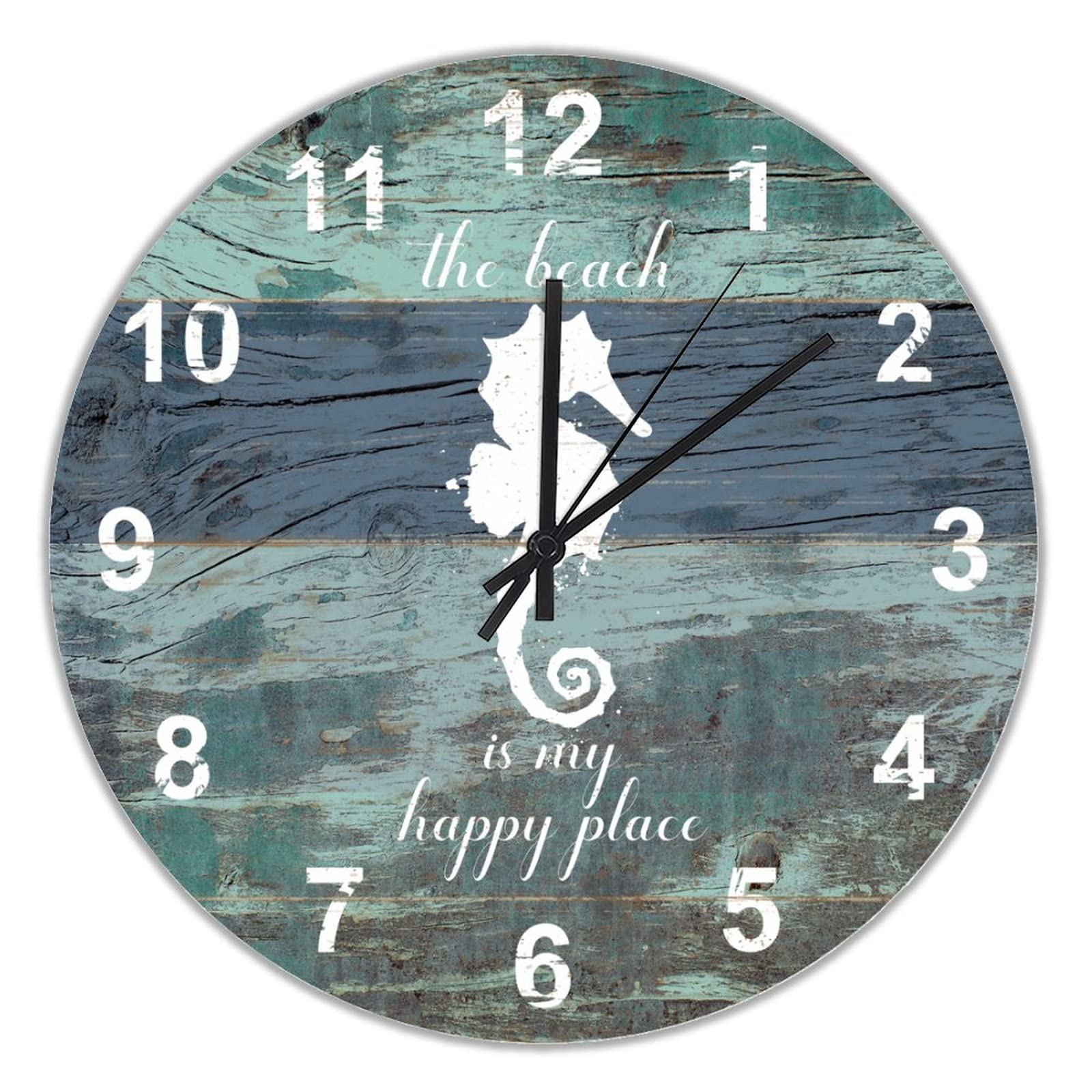 Vintage Seahorse Wall Clock - 15 Inch Coastal Worn Blue Rustic Farmhouse Decor, Battery Operated Silent Quartz Movement - Perfect for Beach House, Living Room, Kitchen & Nautical Themed Spaces
