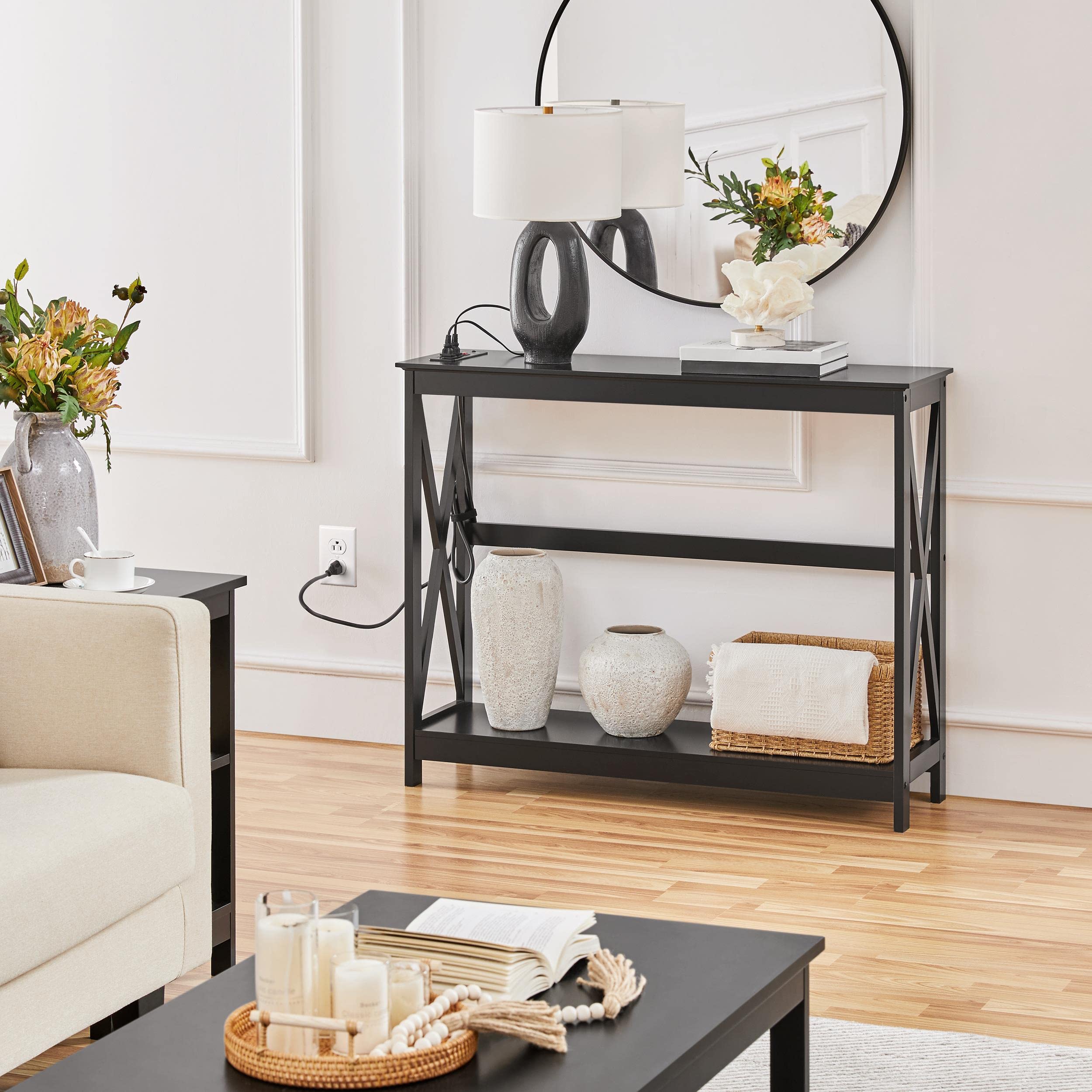 Yaheetech Modern Console Table with Built-in Outlets & USB Ports, Slim Entryway Table with Storage Shelves, X-Design Sofa Table for Living Room, Hallway, Foyer - Perfect for Charging Devices & Home Organization (Black)