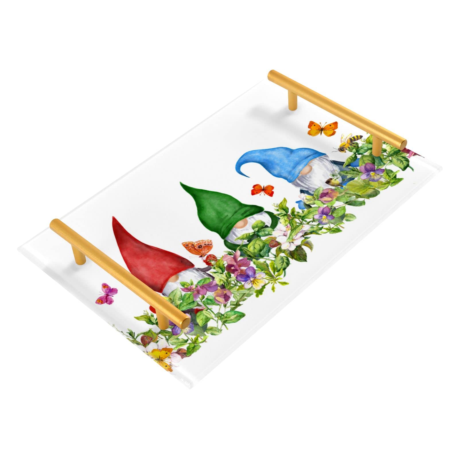 Gnomes in Flowers Decorative Vanity Tray with Handles - Bathroom Counter Organizer for Makeup, Jewelry & Essentials - Perfect for Farmhouse, Bedroom & Kitchen Storage