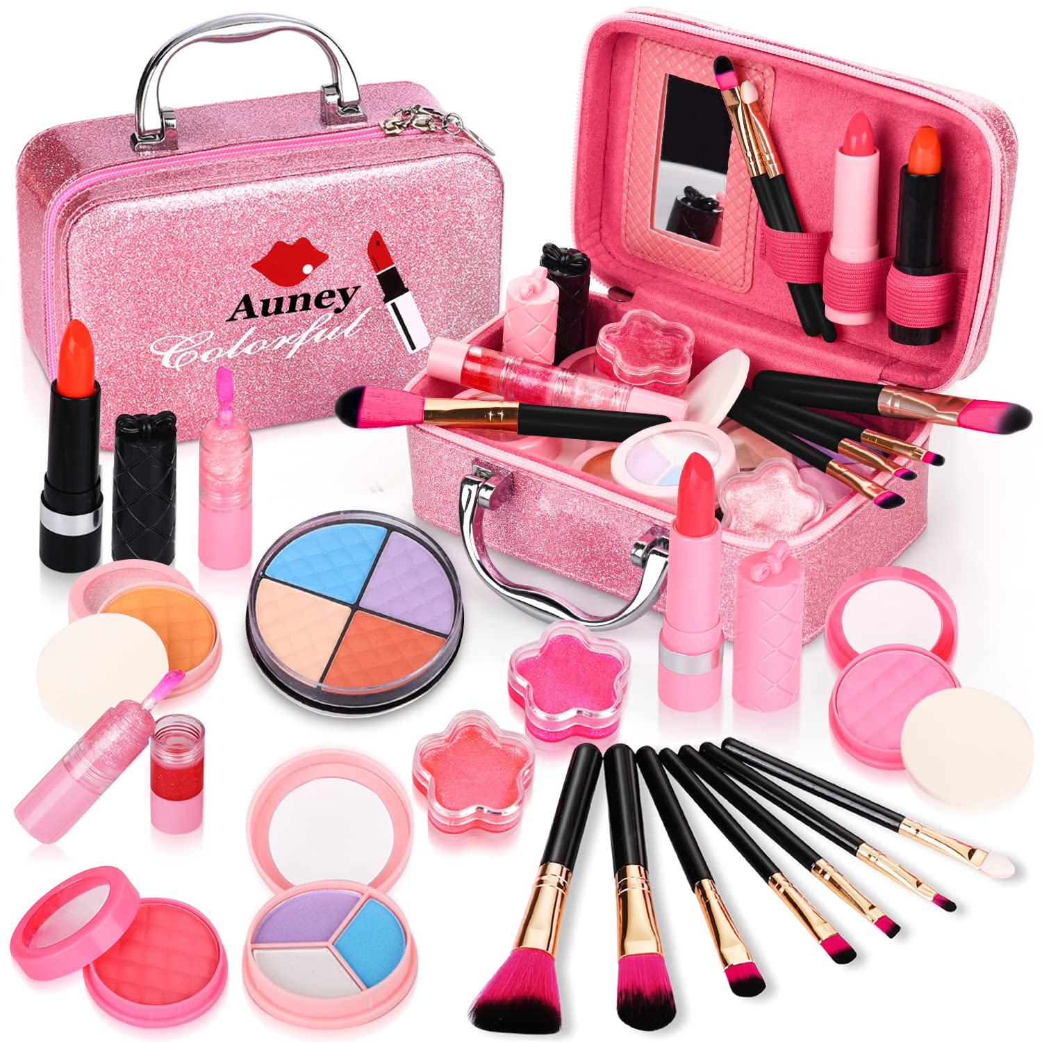 Auney 21Pcs Kids Makeup Kit - Washable Pretend Play Makeup Toy Set for Girls, Toddlers | Perfect for Dress Up, Birthday Parties, Halloween & Christmas Gifts | Safe & Non-Toxic Cosmetic Playset