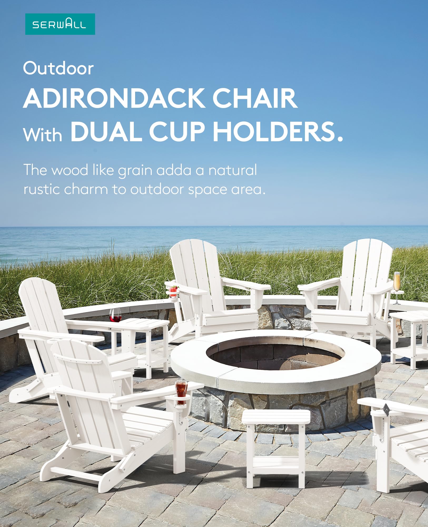 Premium SERWALL Adirondack Chair with Cup Holders - Durable HDPE Composite Outdoor Patio Furniture - All-Weather Resistant White Lounge Chair for Backyard, Poolside & Garden Relaxation