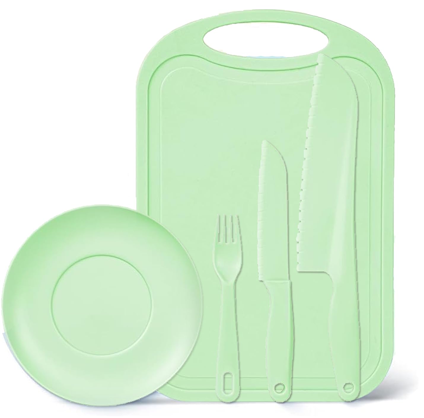 Kid-Safe Cooking Knife Set - 5-Piece BPA-Free Plastic Knives with Cutting Board, Plate & Fork for Toddlers | Real Cooking Tools for Kids | Perfect for Baking, Fruit Cutting & Early Childhood Education (Green)