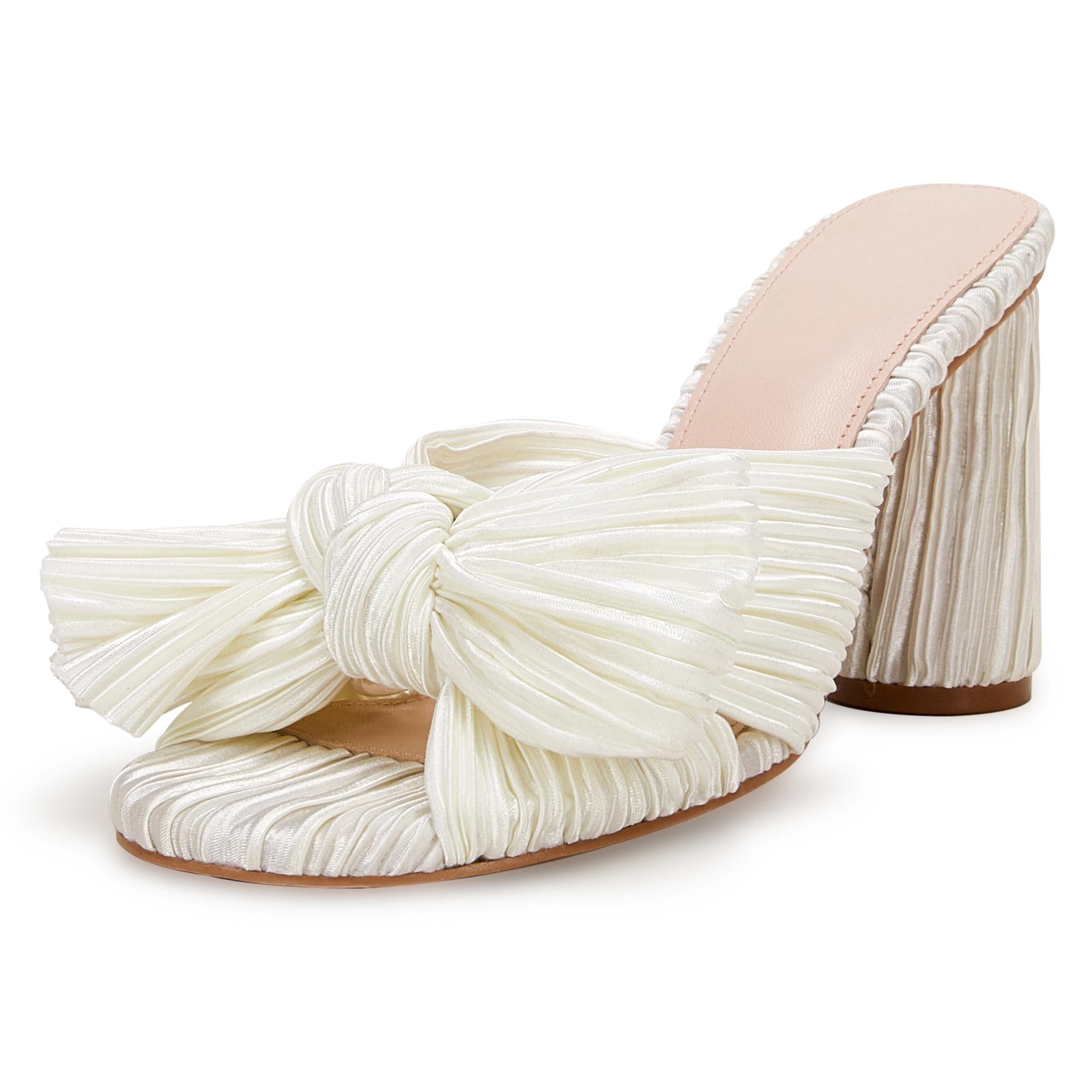 VETASTE Women's Pleated Bow Knot Heeled Sandals - Comfortable Slip-On Open Toe Block Heel Slides for Wedding, Bridal, Party & Dressy Occasions | Perfect for Bridesmaids, Prom & Formal Events