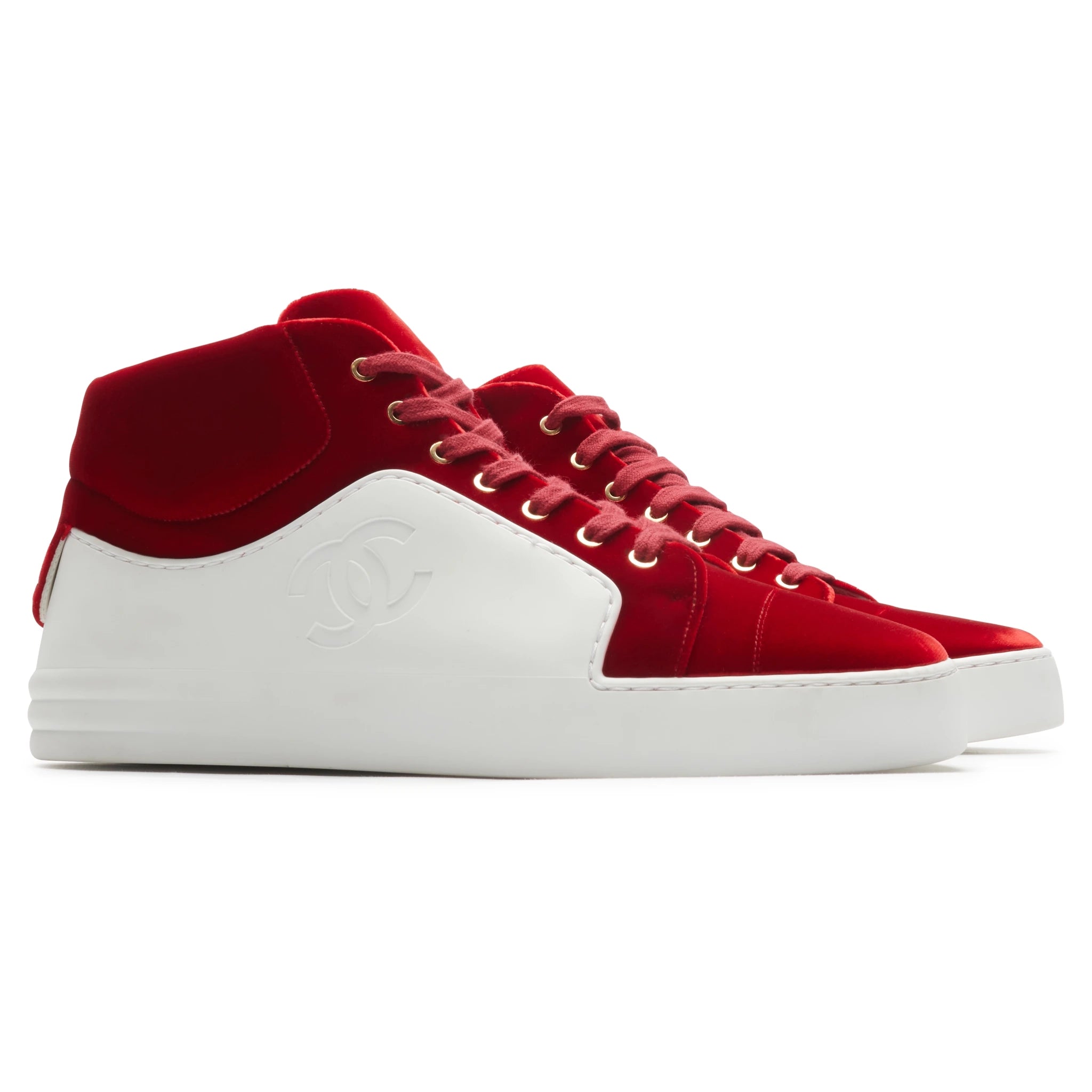 Chanel CC High White Red Velvet Sneakers - Authentic Preloved Luxury Shoes for Women | Perfect for Casual Outfits, Date Nights & Fashion Events