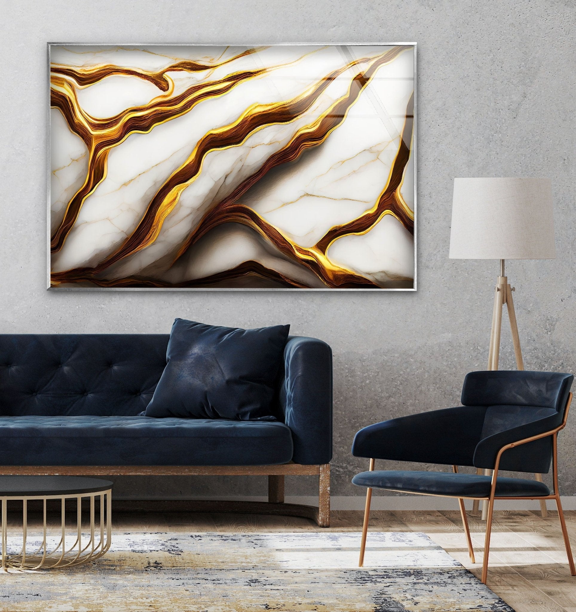 Abstract Golden Details Marble Glass Wall Art - Modern Home Decor for Living Room, Bedroom & Office | Elegant Handmade Glass Panel for Interior Design