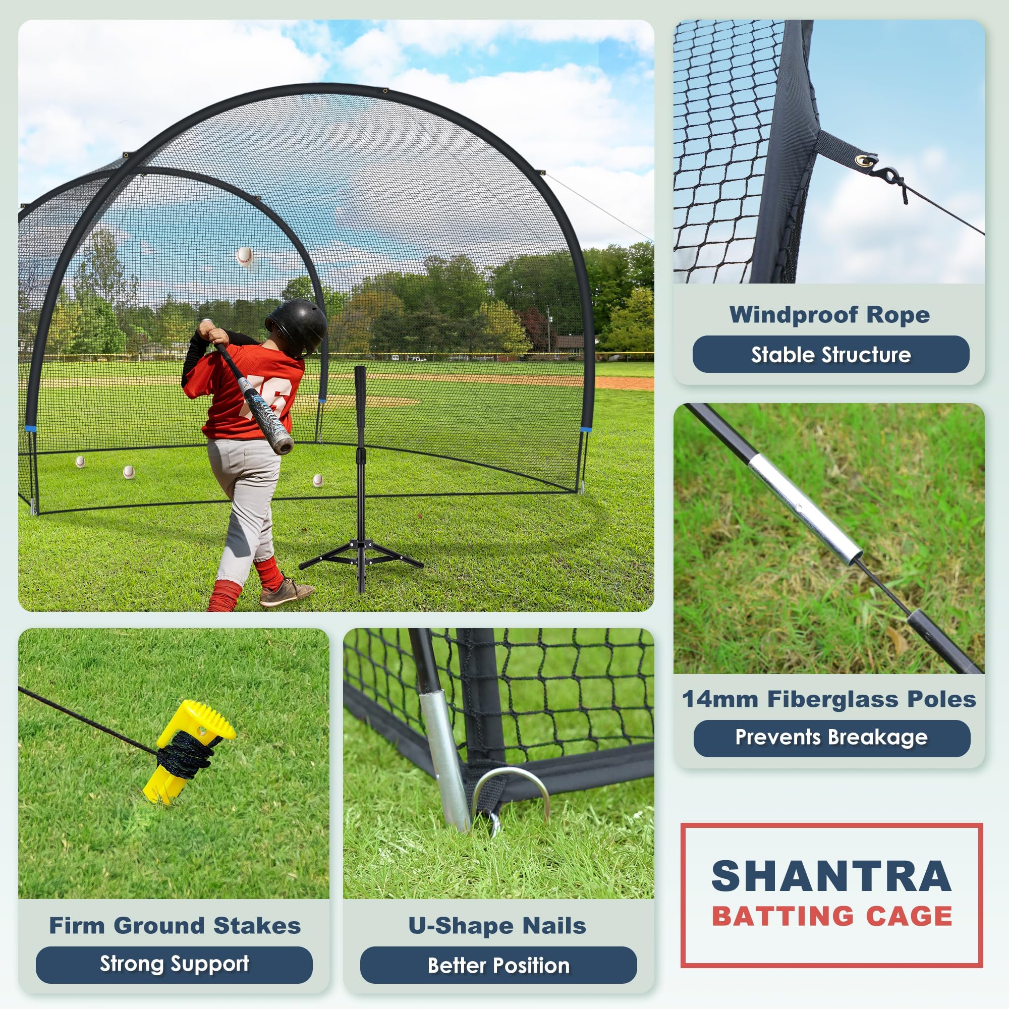 SHANTRA 13/22/30FT Baseball Batting Cage with Frame & Net - Professional Backyard Hitting Cage for Baseball & Softball Practice | Perfect for Outdoor Hitting Drills, Pitching Training & Backyard Sports
