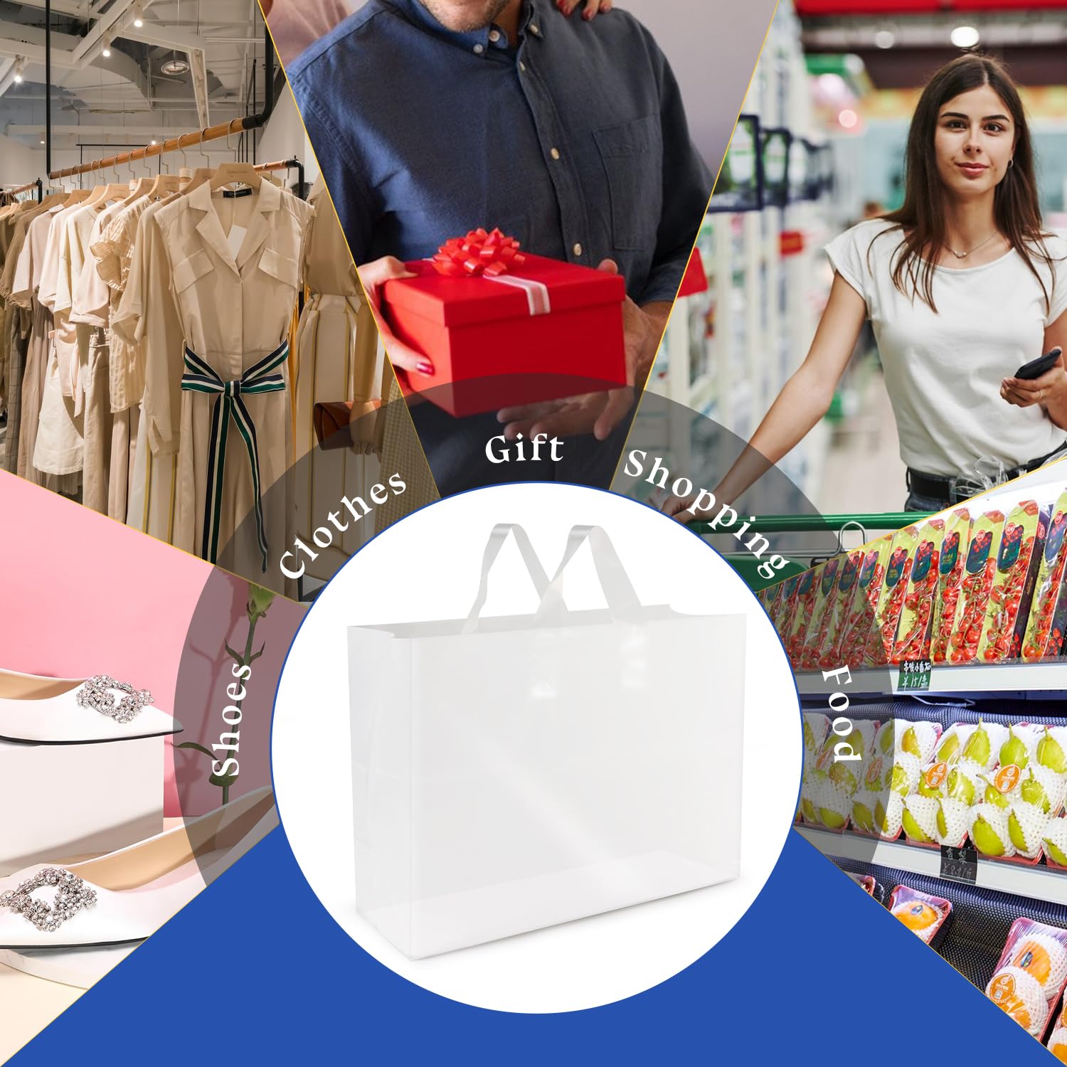 XPCARE 100 Pack Frosted Plastic Gift Bags with Handles - 16x6x12 Inches, White - Perfect for Small Business, Boutique, Retail Store, Party Favors, Wedding Gifts & Merchandise Packaging