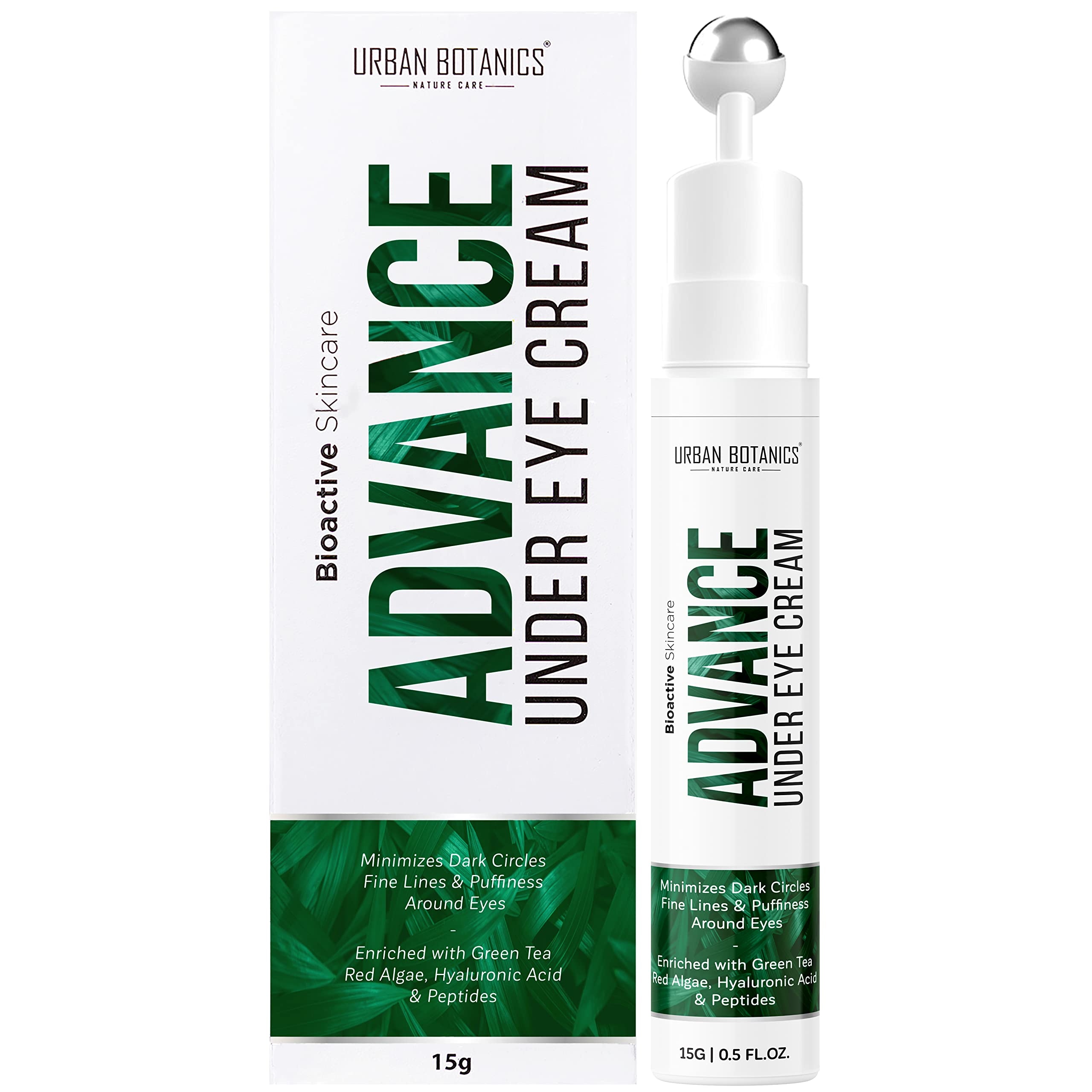 UrbanBotanics® Anti-Aging Under Eye Cream Gel for Dark Circles & Puffiness - Red Algae, Green Tea, Hyaluronic Acid & Peptides Formula with Cooling Massage Roller - Reduces Wrinkles & Bags Under Eyes for Women & Men (15g) - Perfect for Night Routine & Travel Skincare