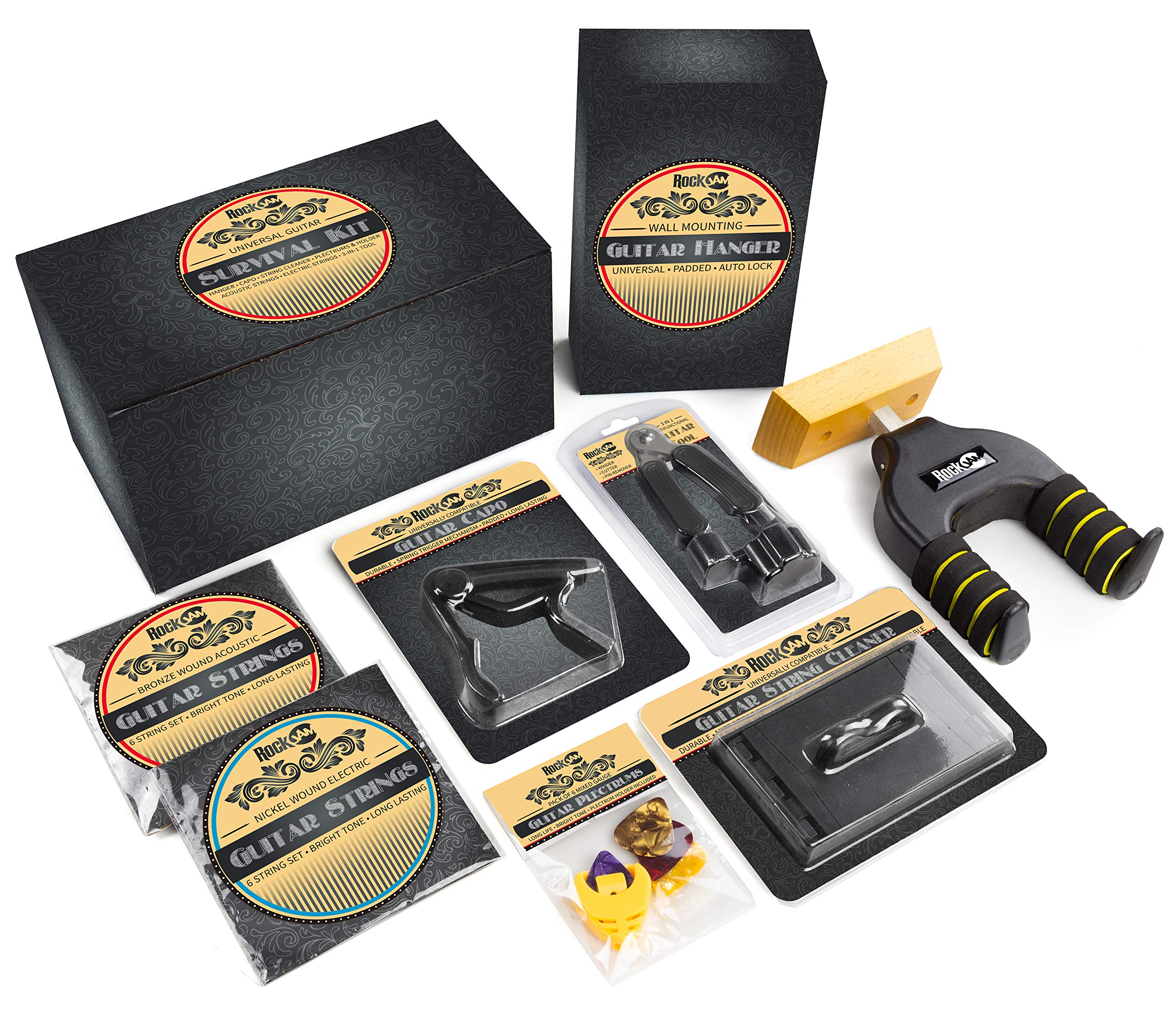 RockJam RJACC01 Complete Guitar Accessories Kit - Includes Hanger, Capo, Electric & Acoustic Strings, Tuner Multi-Tool, Plectrums & Pick Holder | Perfect for Guitar Maintenance, Practice & Performance