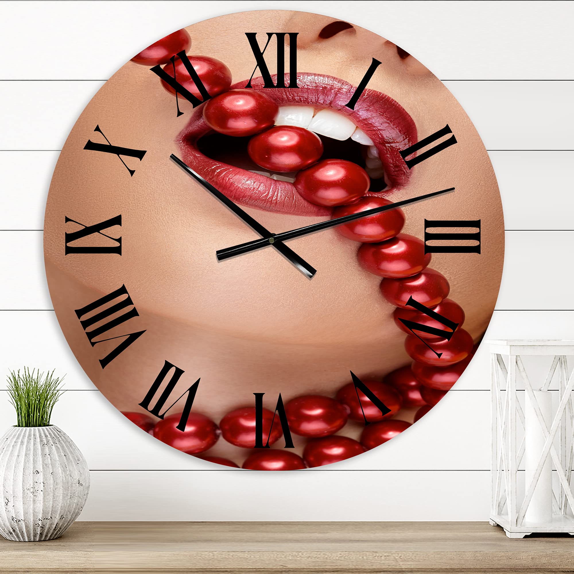 DesignQ Modern Wall Clock - Woman Mouth with Red Lipstick Biting Pearls, Large Decorative Clock for Living Room, Bedroom & Office - Unique Home Decor & Gift Idea