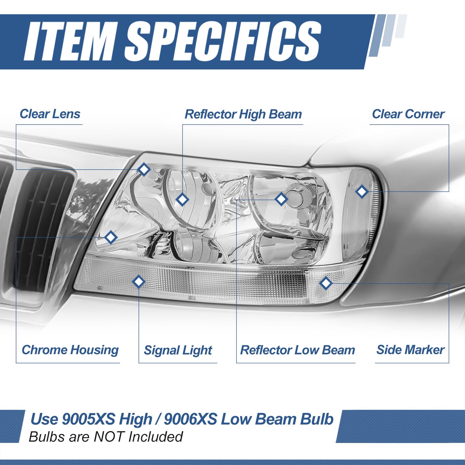 Auto Dynasty Halogen Headlights Assembly Replacement for 1999-2004 Jeep Grand Cherokee WJ - Driver & Passenger Side Headlamps (CH2502121 CH2503121) with Chrome Housing & Clear Corner - Perfect for Night Driving & Off-Road Adventures