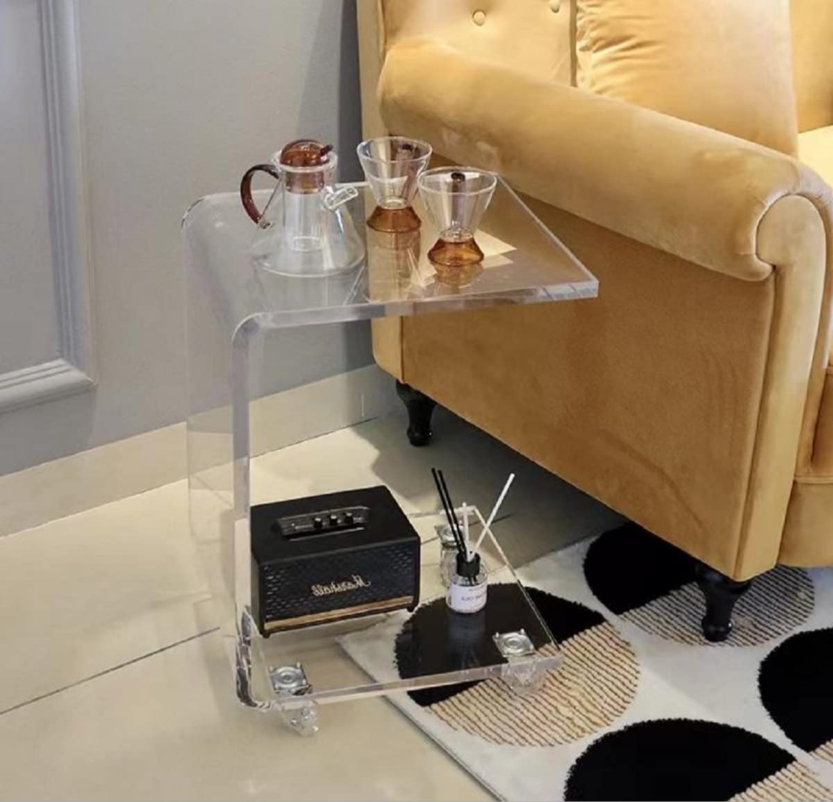Gdrasuya10 Clear Acrylic C-Shaped End Table with Wheels - 2-Tier Rolling Side Table with Tray for Snacks, Living Room, Bedroom & Couch - Portable Mobile Sofa Table for Easy Movement Between Rooms