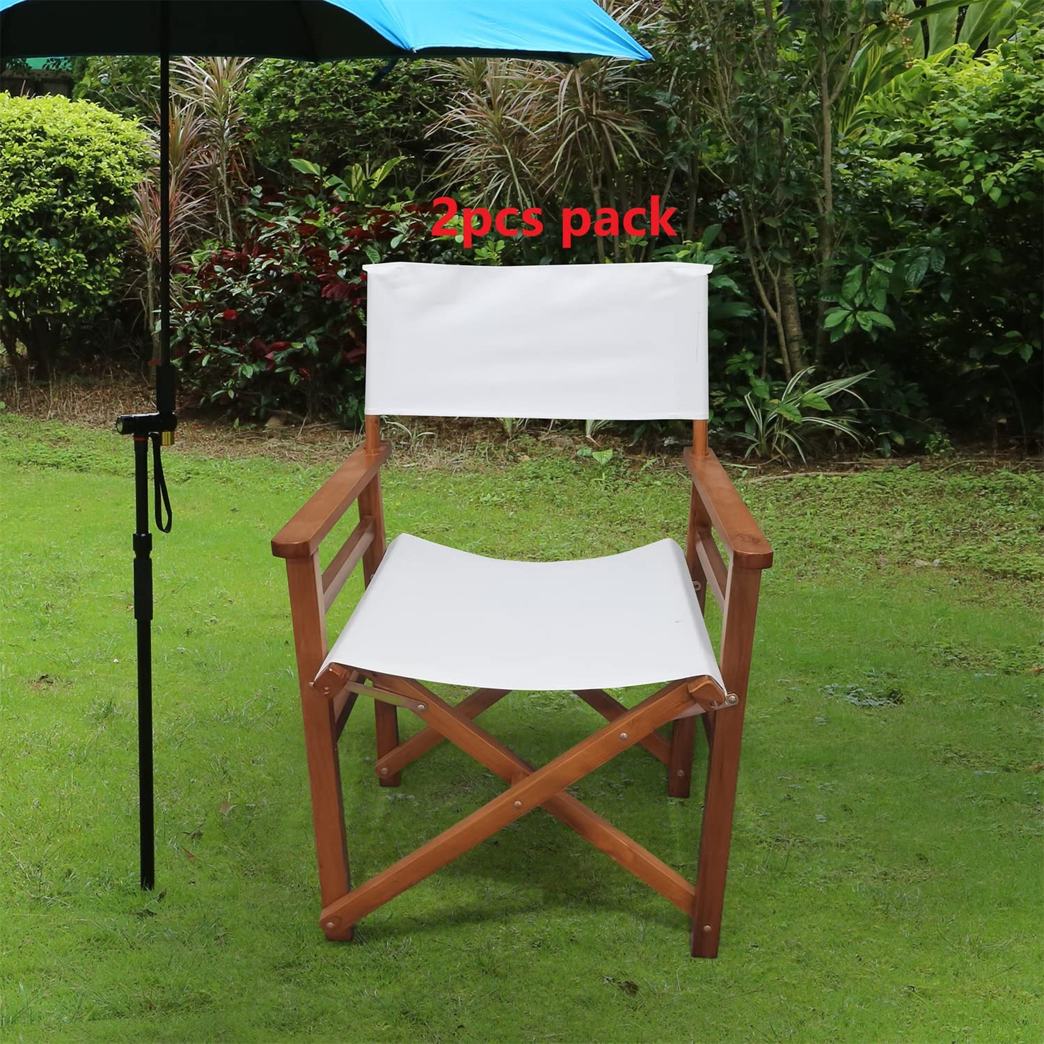 Set of 2 Professional Folding Director Chairs - Portable Dining Height Artist Chairs with Natural Wood Frame & White Canvas - Lightweight Camping Lawn Chairs for Backyard, Beach, Picnics, and Outdoor Events