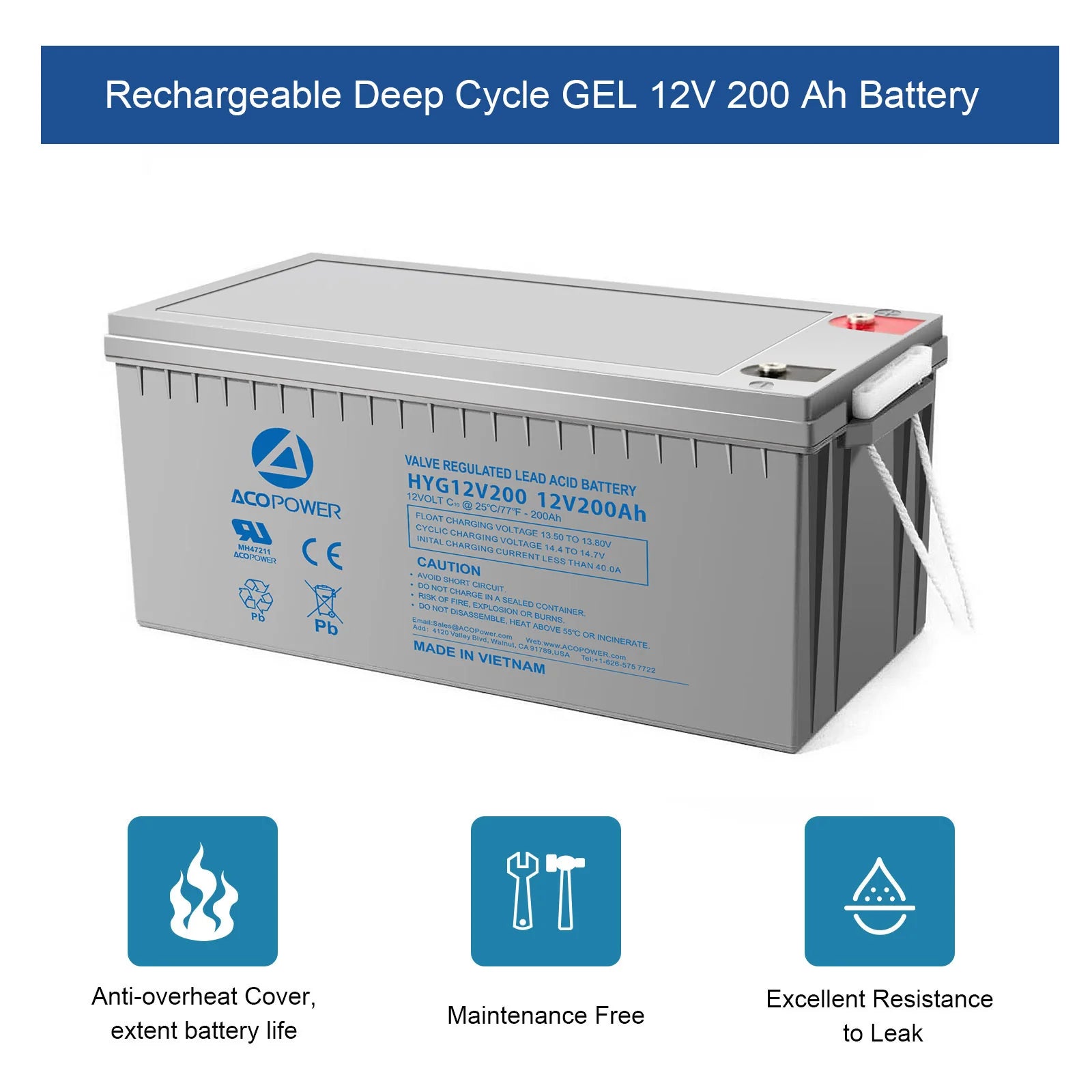 ACOPOWER HYG12 12V 200Ah Deep Cycle Gel Battery - Rechargeable Solar, RV, Marine & Off-Grid Power Storage for Home Backup, Boats & Camping