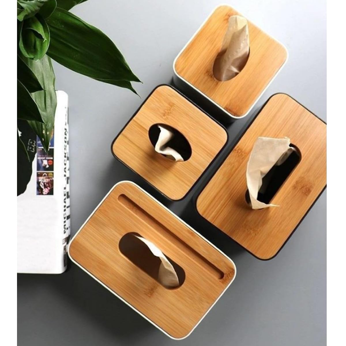 Modern Black Tissue Box with Removable Bamboo/Wood Cover - Home Storage Organizer for Living Room, Bedroom, Office & Bathroom | Stylish and Functional Home Decor