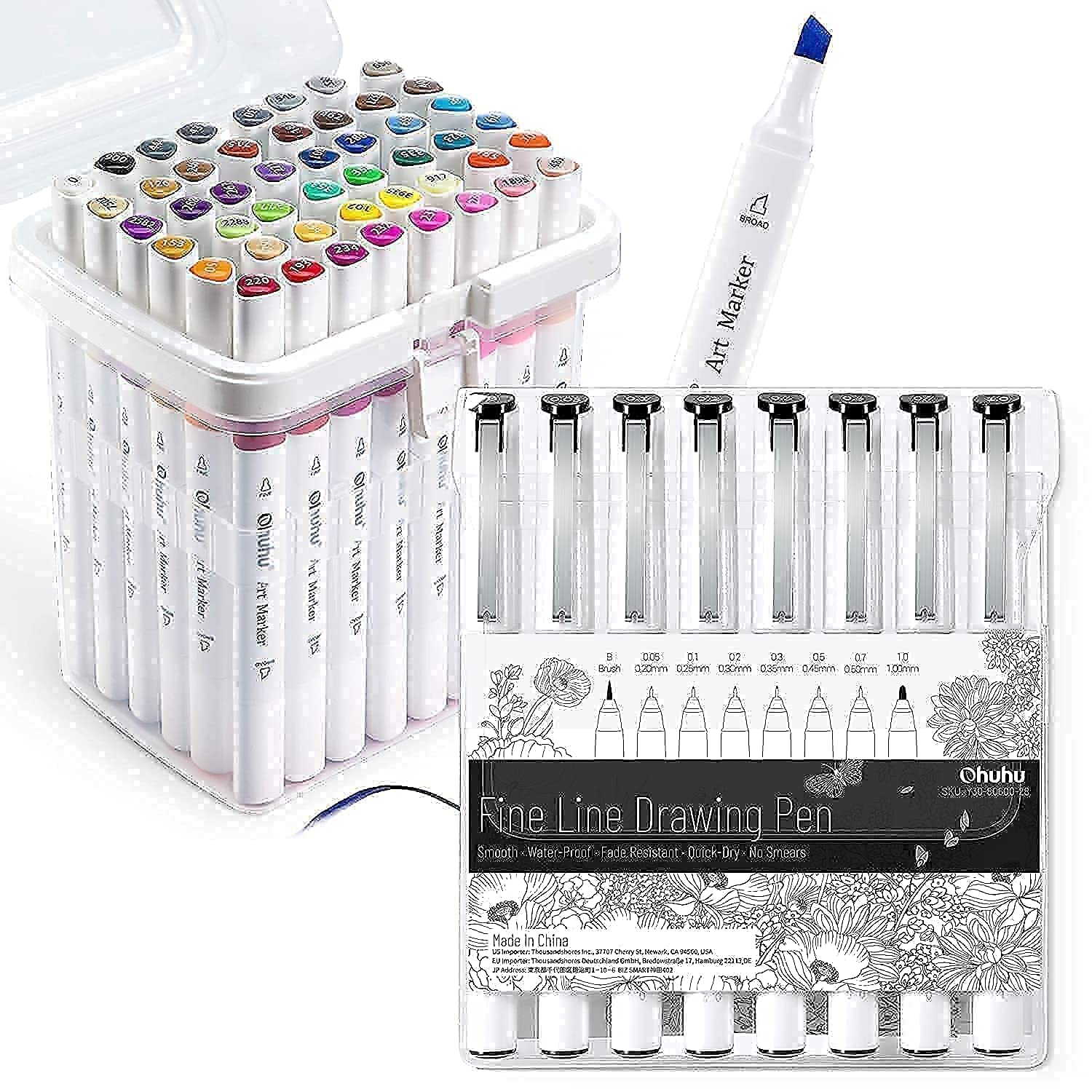 Ohuhu 48-Color Alcohol Markers Set - Dual Tip Chisel & Fine Art Markers with 8-Pack Fineliner Drawing Pens for Sketching, Illustration & Calligraphy | Perfect for Artists, Students & DIY Craft Projects