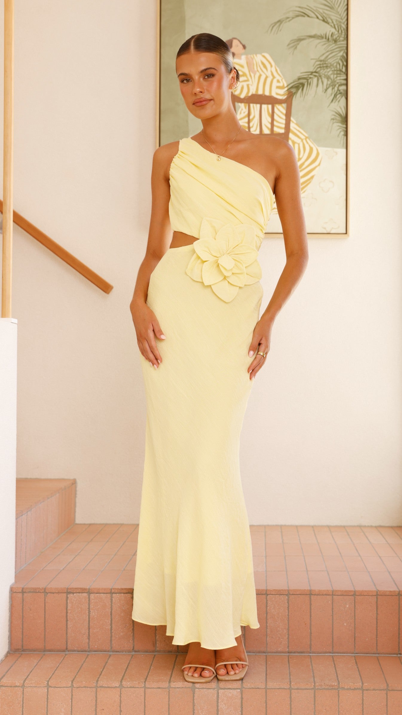 Elegant Bloom One Shoulder Cut Out Maxi Dress in Yellow - Perfect for Beach Vacations, Summer Parties & Evening Events