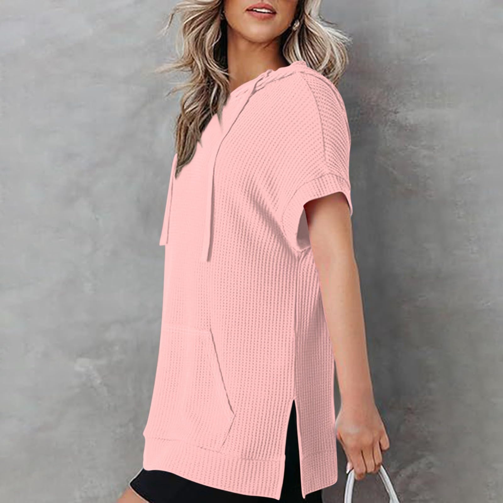 Women's Summer Waffle Knit Tunic Top - Casual Short Sleeve Oversized Shirt with Pockets for Leggings | Crewneck Hoodie Style | Perfect for Yoga, Lounge & Everyday Wear