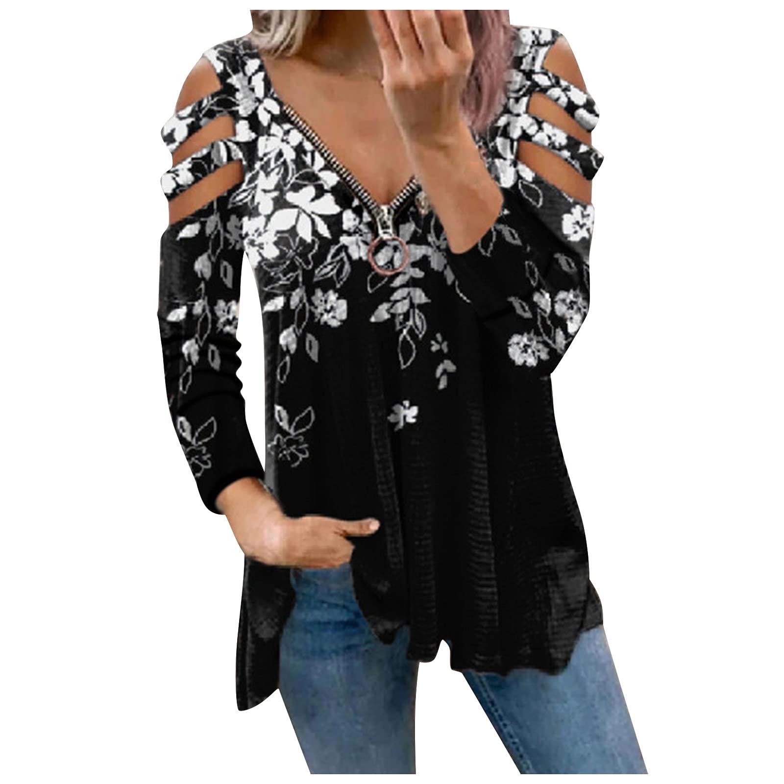 Women's Cold Shoulder Tops - Short Sleeve Zipper Tunic T-Shirt with Funny Print & Scoop Neck | Summer Blouse for Casual Wear, Beach Outfits & Date Nights