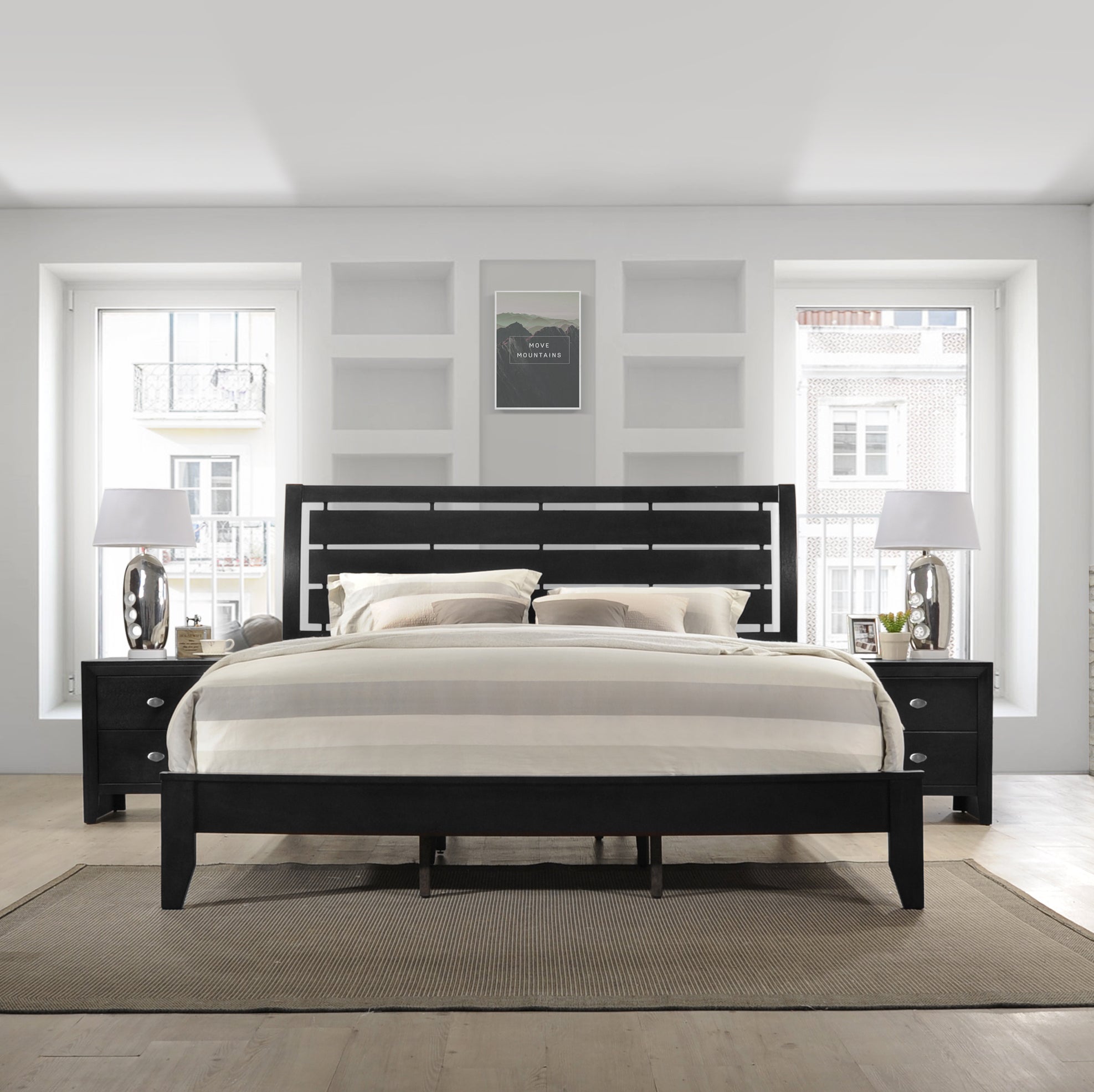 Ecrille Panel Bed with Slatted Headboard - Queen Size Black Wooden Bed Frame for Modern Bedroom | Perfect for Master Bedroom, Guest Room & Apartment