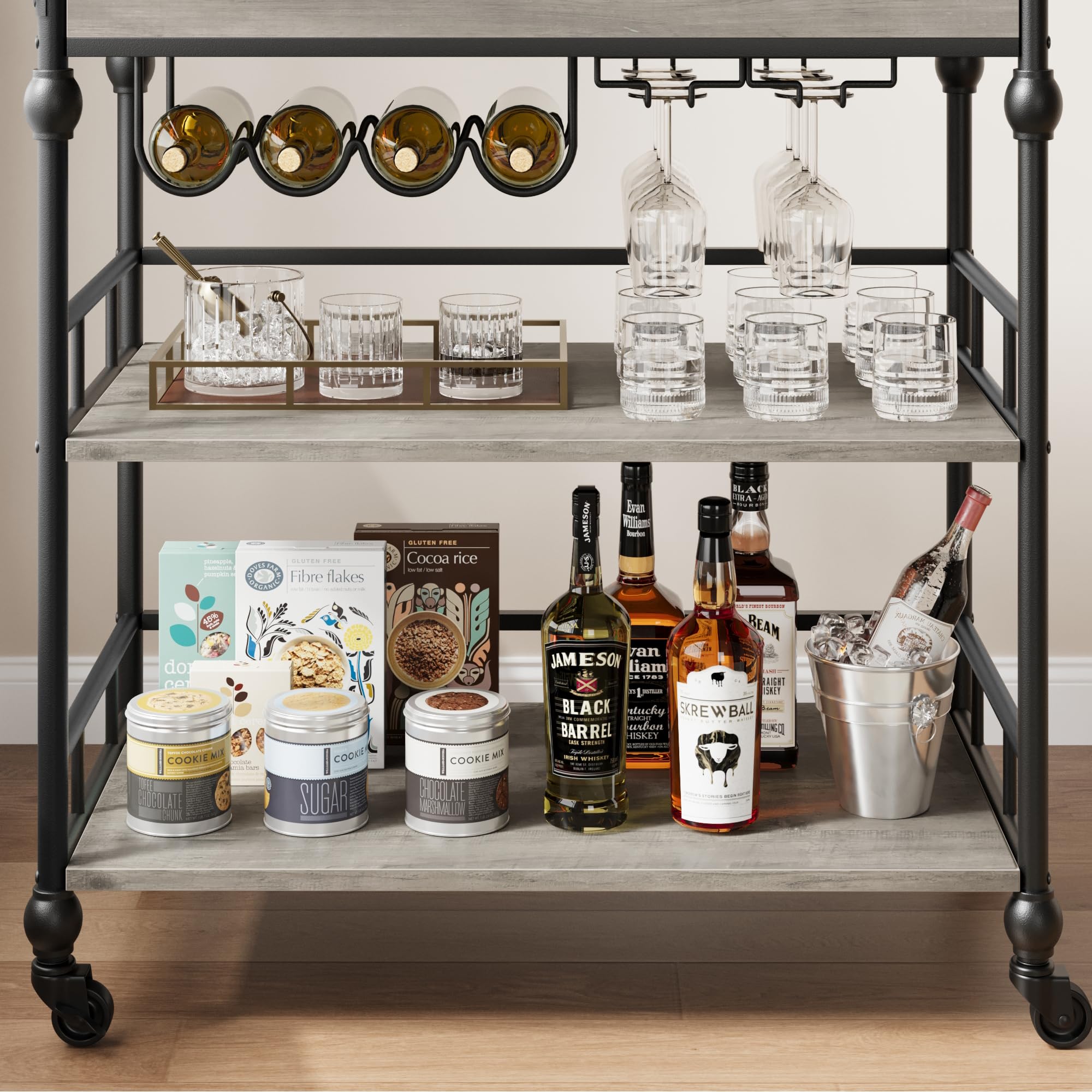 GARVEE 3-Tier Rolling Bar Cart with Wheels - Wine Rack & Glass Holder - Mobile Kitchen, Living Room, Dining Room Furniture - Grey - Perfect for Home Entertaining & Small Space Storage
