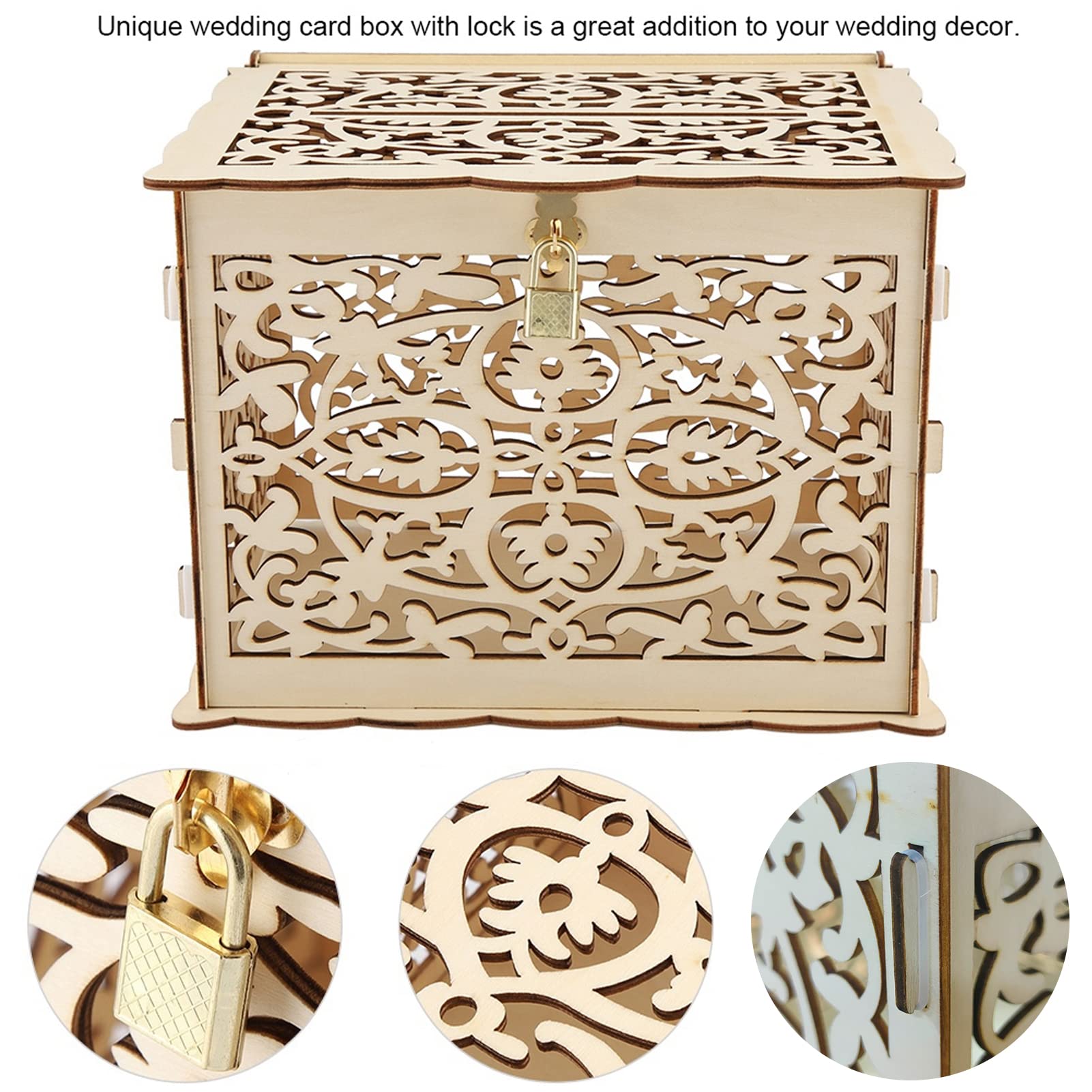 Natural Wood Wedding Card Box with Hollow Design & Lock - Foldable DIY Gift Box for Weddings, Anniversaries, Graduations, Baby Showers & Birthdays | Perfect for Ceremony Card Collection & Party Decor