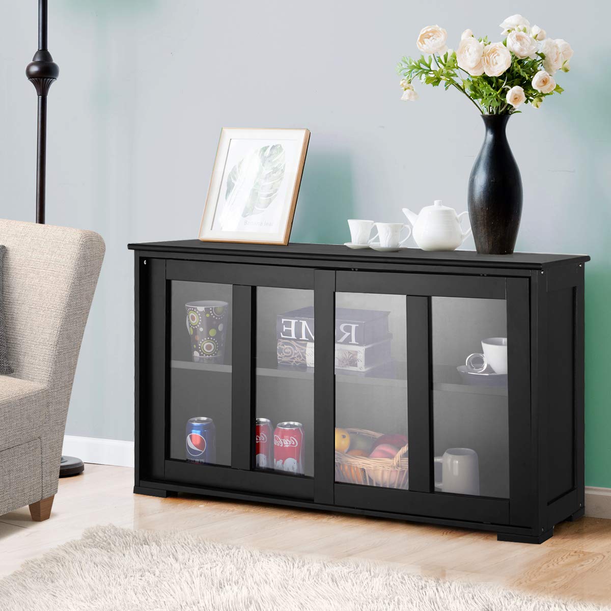 Giantex Modern Wood Buffet Sideboard with Sliding Doors - Adjustable Shelf Storage Cabinet, Kitchen Pantry Cupboard & Living Room Dining Room Console Table - Perfect for Home Storage & Entertaining (Black)
