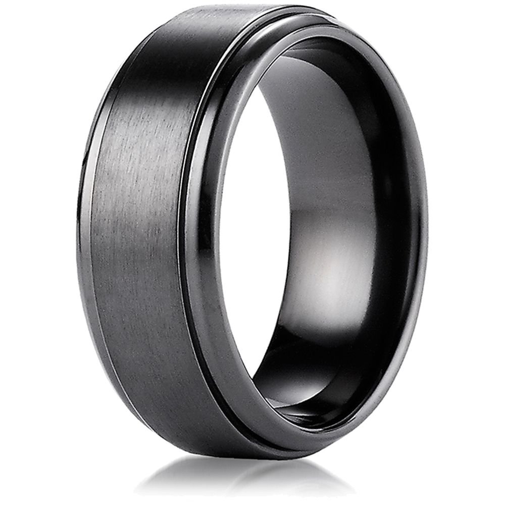 Black Titanium 9mm Comfort Fit Satin Finish Stair Step Edge Design Ring for Men - Durable Wedding Band, Anniversary Gift, Everyday Jewelry for Work & Special Occasions