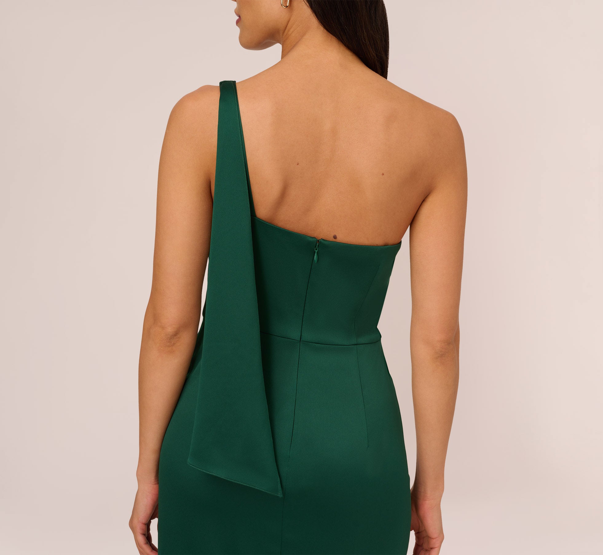 Elegant Deep Forest Green Satin Crepe One Shoulder Gown with Metal Ring Accent - Perfect for Evening Galas, Prom Nights & Formal Events
