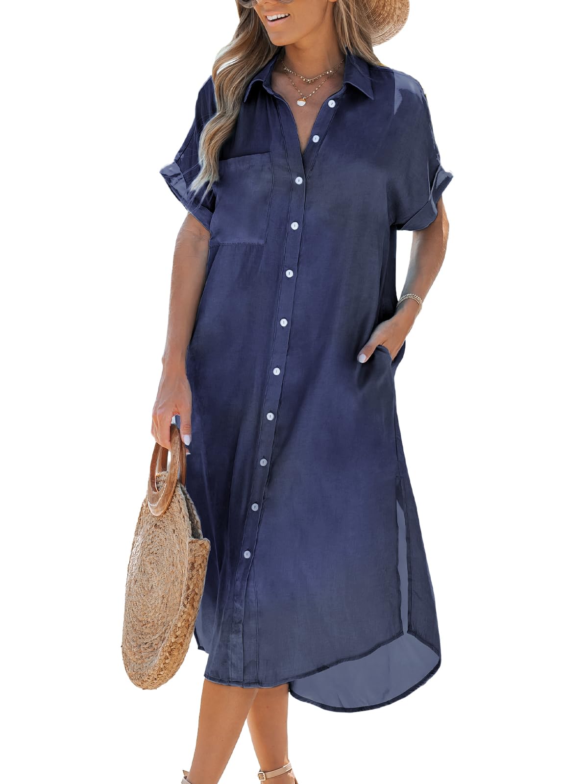 CUPSHE Women's Casual Short Sleeve Button Down V-Neck Midi Dress - Indigo Blue, X-Large | Summer Outfits, Beach Cover Up, Office Wear & Date Night Dress