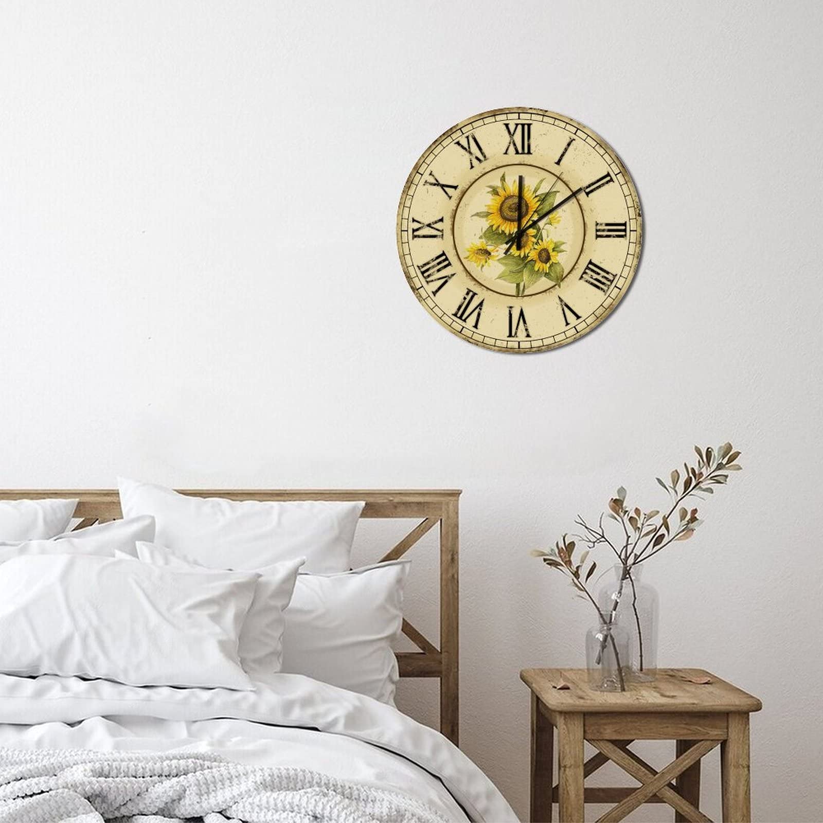 15 Inch Farmhouse Round Wood Wall Clock with Sunflower Floral Design - Silent Non-Ticking Battery Operated Roman Numerals Clock for Home, Office, Classroom, School, Club & Bar Decor | Perfect Rustic Wall Art for Living Room, Kitchen & Bedroom