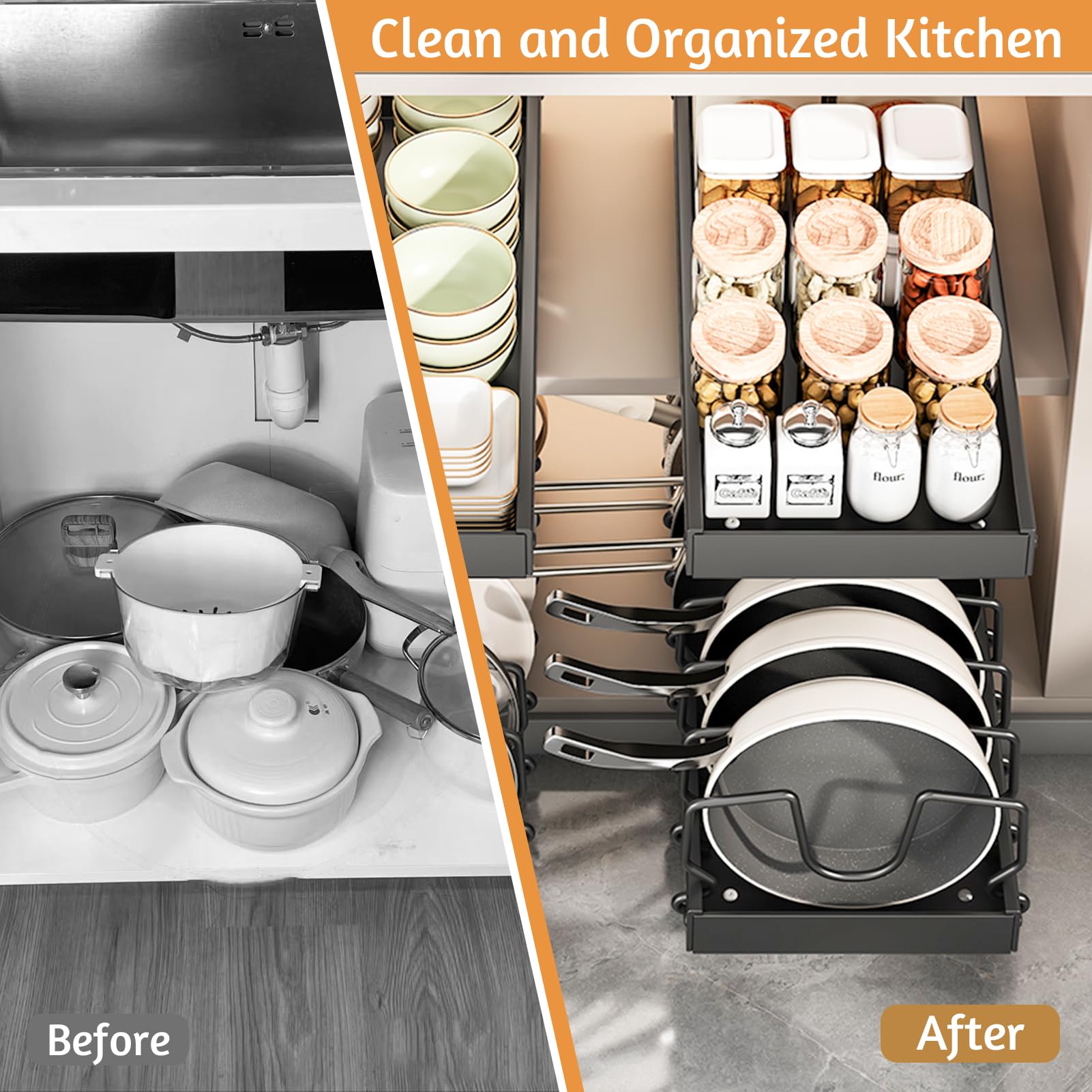 Pull Out Cabinet Organizer for Kitchen - Adjustable Pots and Pans Organizer with 8 Dividers, Under Cabinet Storage Shelf for Cookware & Lids, Space Saving Solution for Small Kitchens (Black, 1 Pack) - Perfect for Organizing Pots, Pans and Lids in Tight Spaces