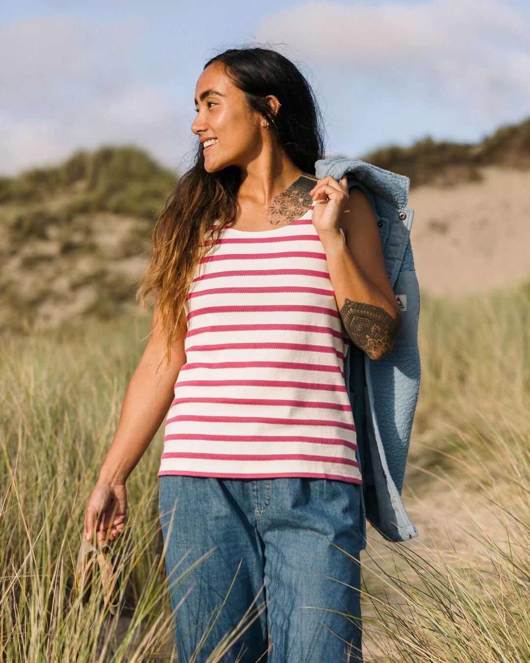 Sage Stripe Tank Top for Women - Soft Breathable Fuchsia Summer Casual Top | Perfect for Beach, Yoga & Everyday Wear