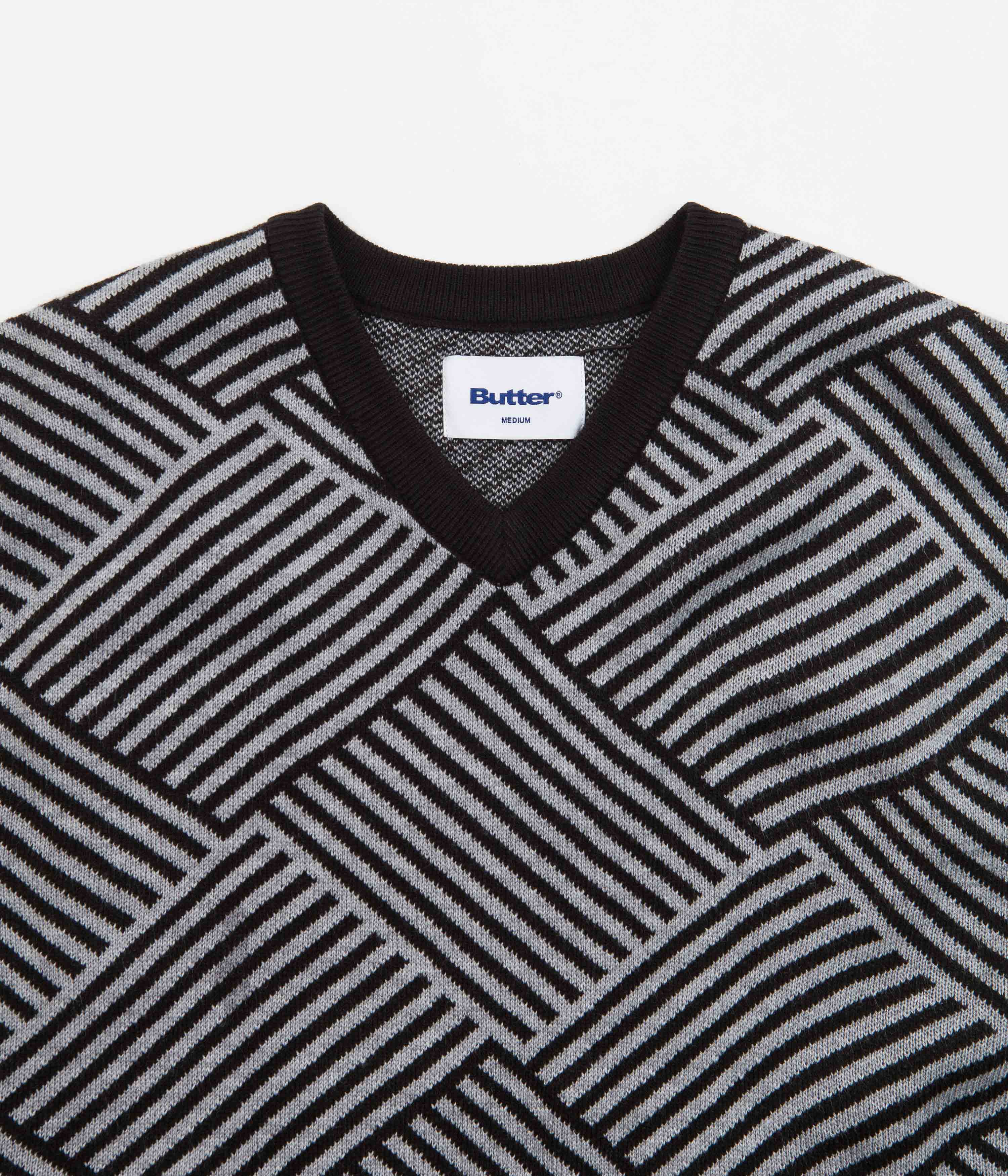 Butter Goods Parquet Knit Vest for Men - Black & Grey Color Block Design - Casual Streetwear Layering Piece for Fall & Winter Fashion
