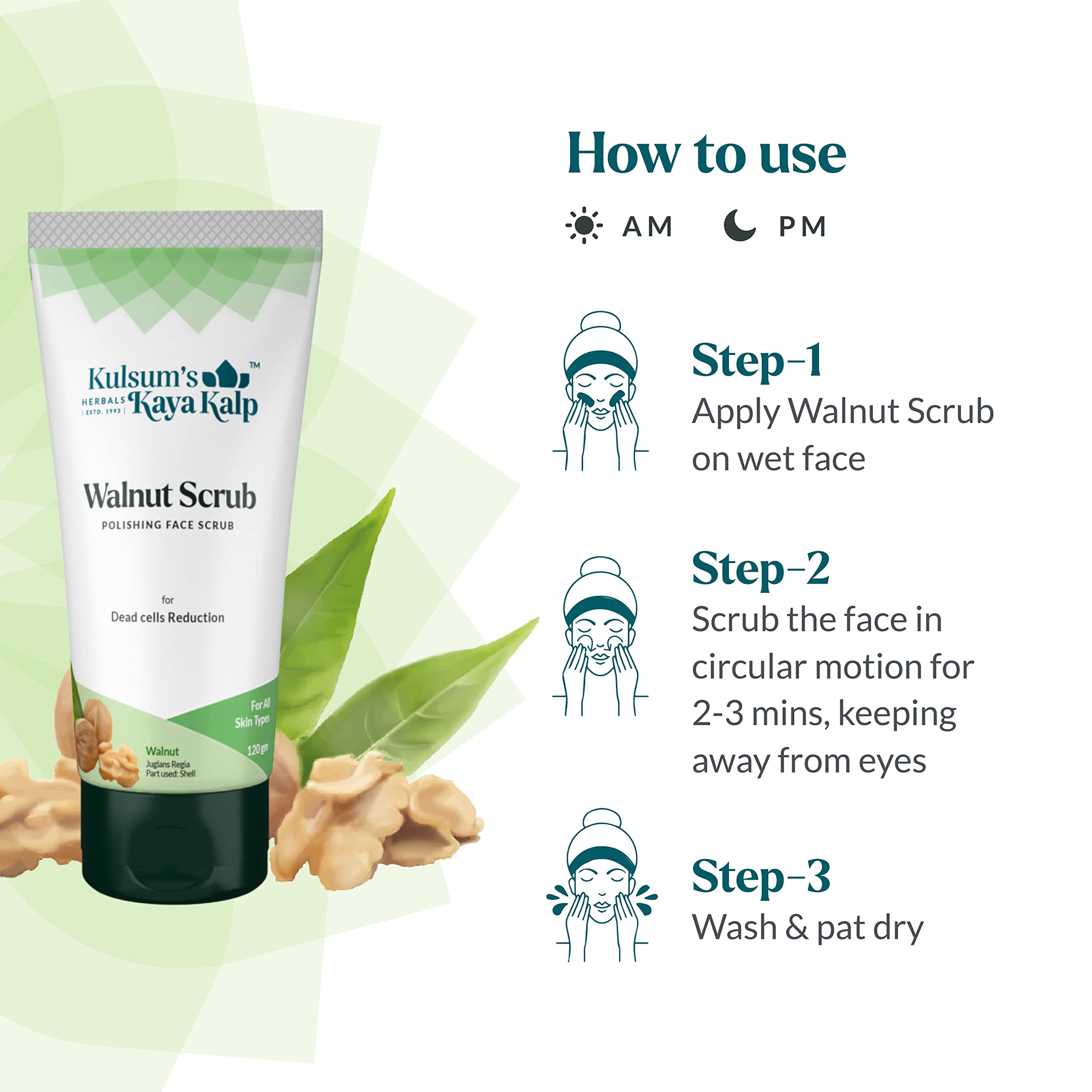 Kulsum's Kaya Kalp Herbals Walnut Scrub - Natural Dead Skin Cell Exfoliator, 120g | Gentle Face & Body Polish for Radiant Skin | Perfect for Daily Skincare Routine