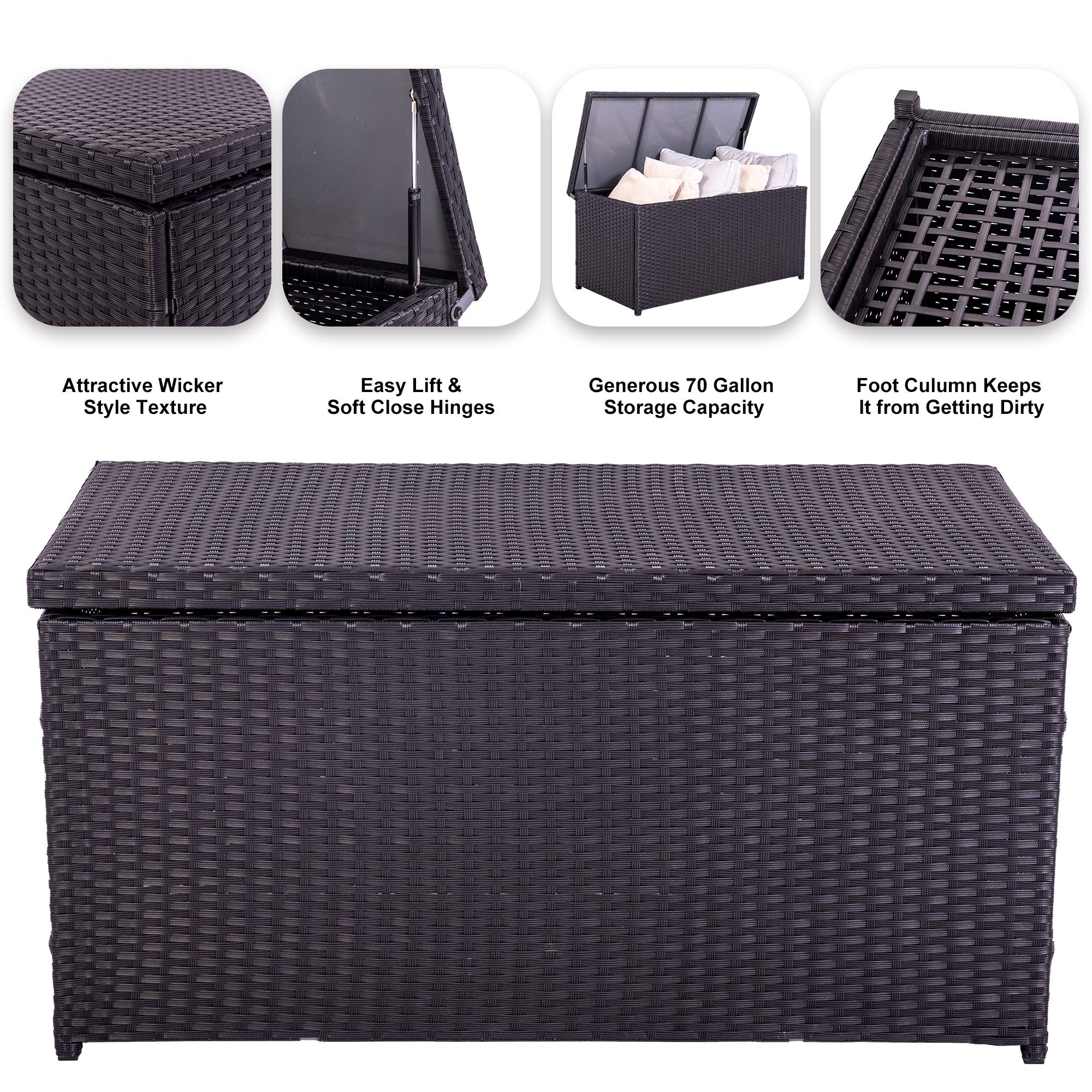 70 Gallon Outdoor Wicker Storage Box - Waterproof PE Rattan & Aluminum Patio Pool Cushion Organizer, Garden Supplies Container - Perfect for Backyard, Poolside & Patio Furniture Storage