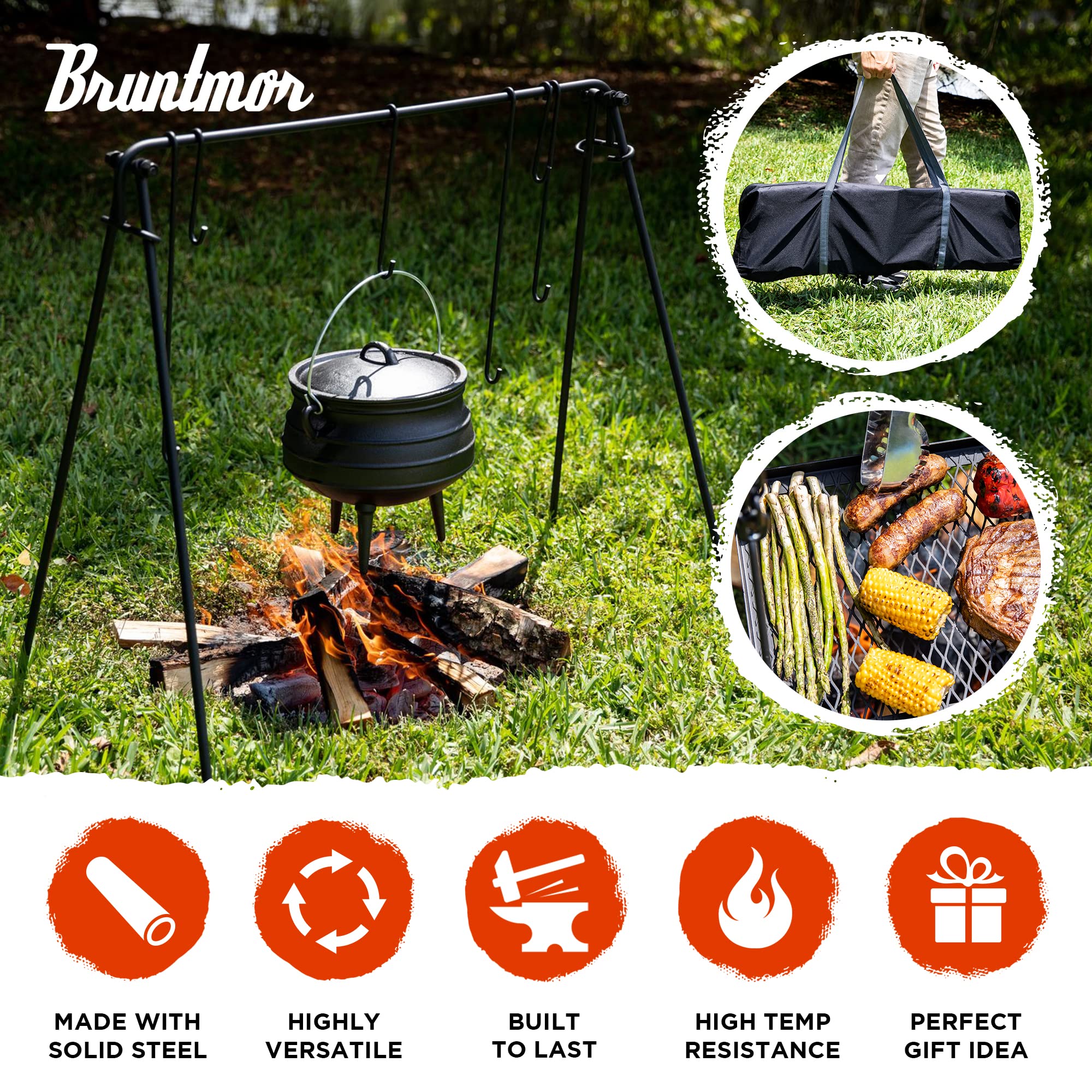 Bruntmor Adjustable Campfire Grill Stand - Portable Swing Cooking Tripod for Dutch Oven & BBQ, Collapsible Legs with Hooks, Accessories & Carry Case (Black) - Perfect for Outdoor Camping, Backyard Grilling and Picnic Cooking