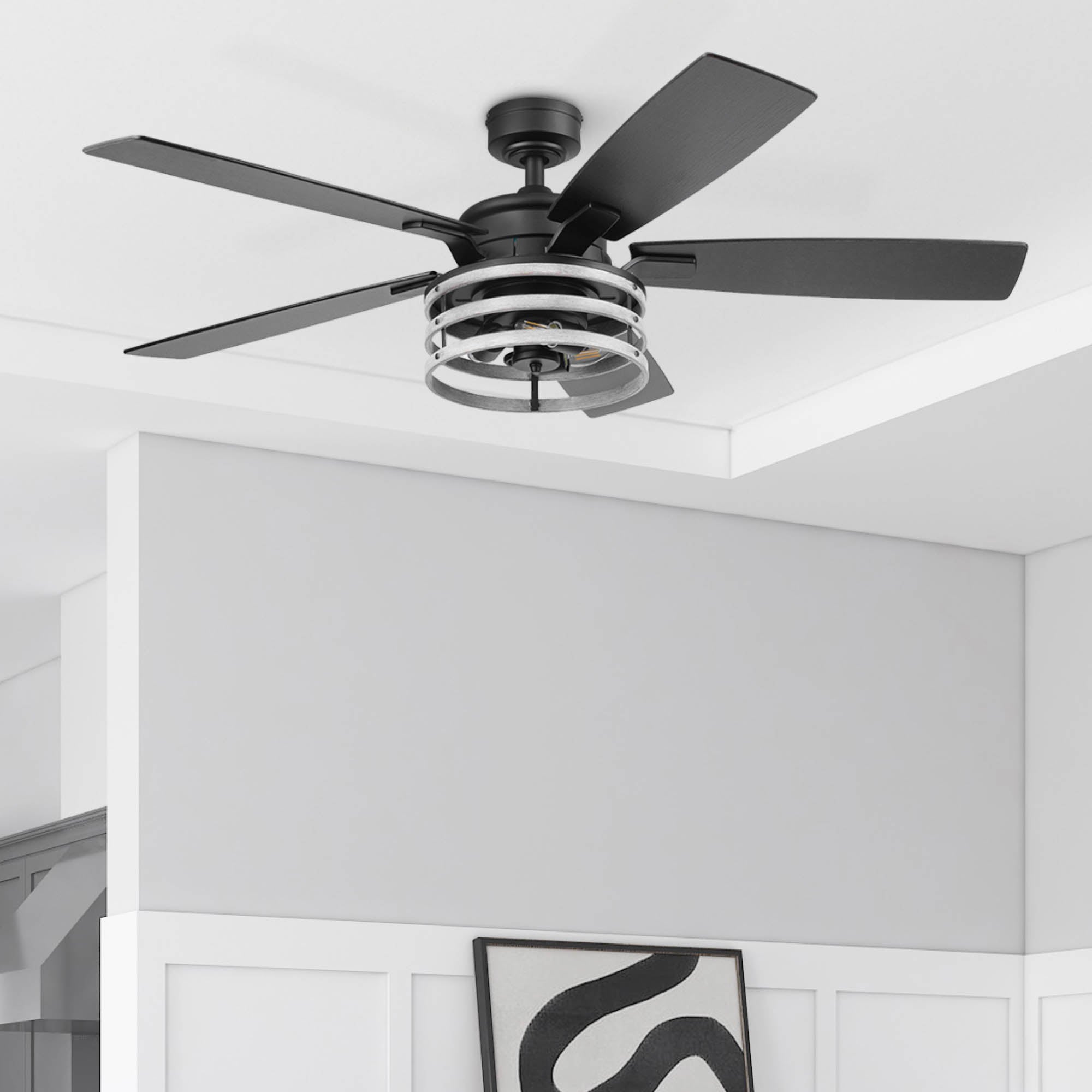 52 Inch Honeywell Carnegie Matte Black/Gray Ceiling Fan with Light Kit & Remote Control - Energy Efficient Indoor/Outdoor Cooling for Living Room, Bedroom, Patio