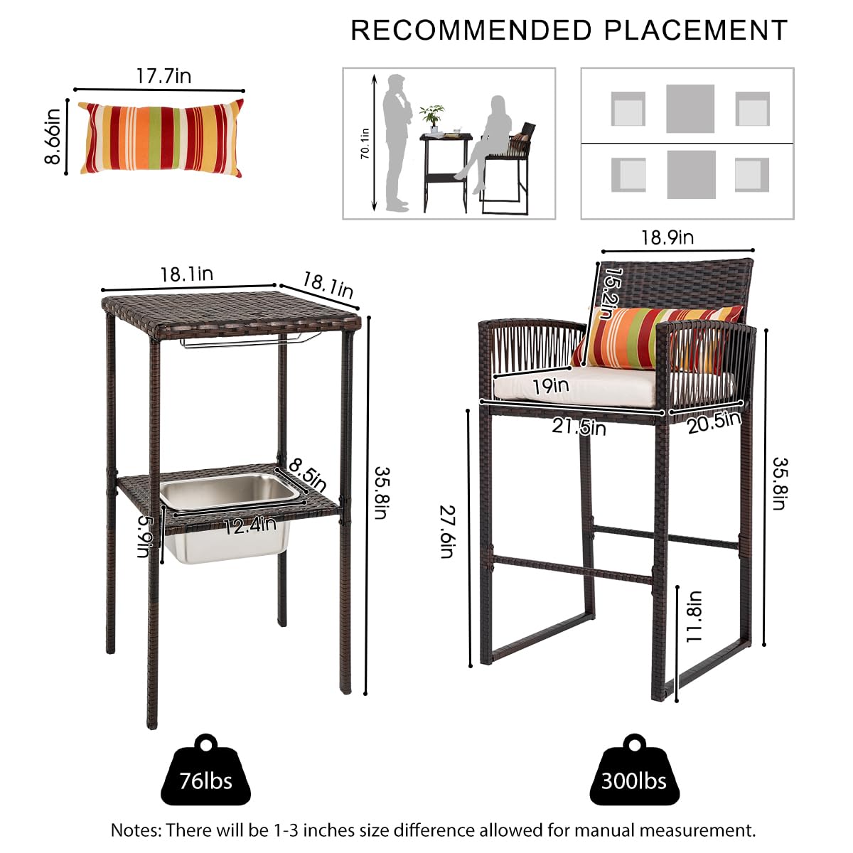 Sundale Outdoor 3-Piece Wicker Bar Set with 2 Stools, Glass Holder & Ice Bucket - Brown Rattan & Beige Cushions - High Top Bistro Dining for Patio, Garden, Poolside & Backyard Entertaining